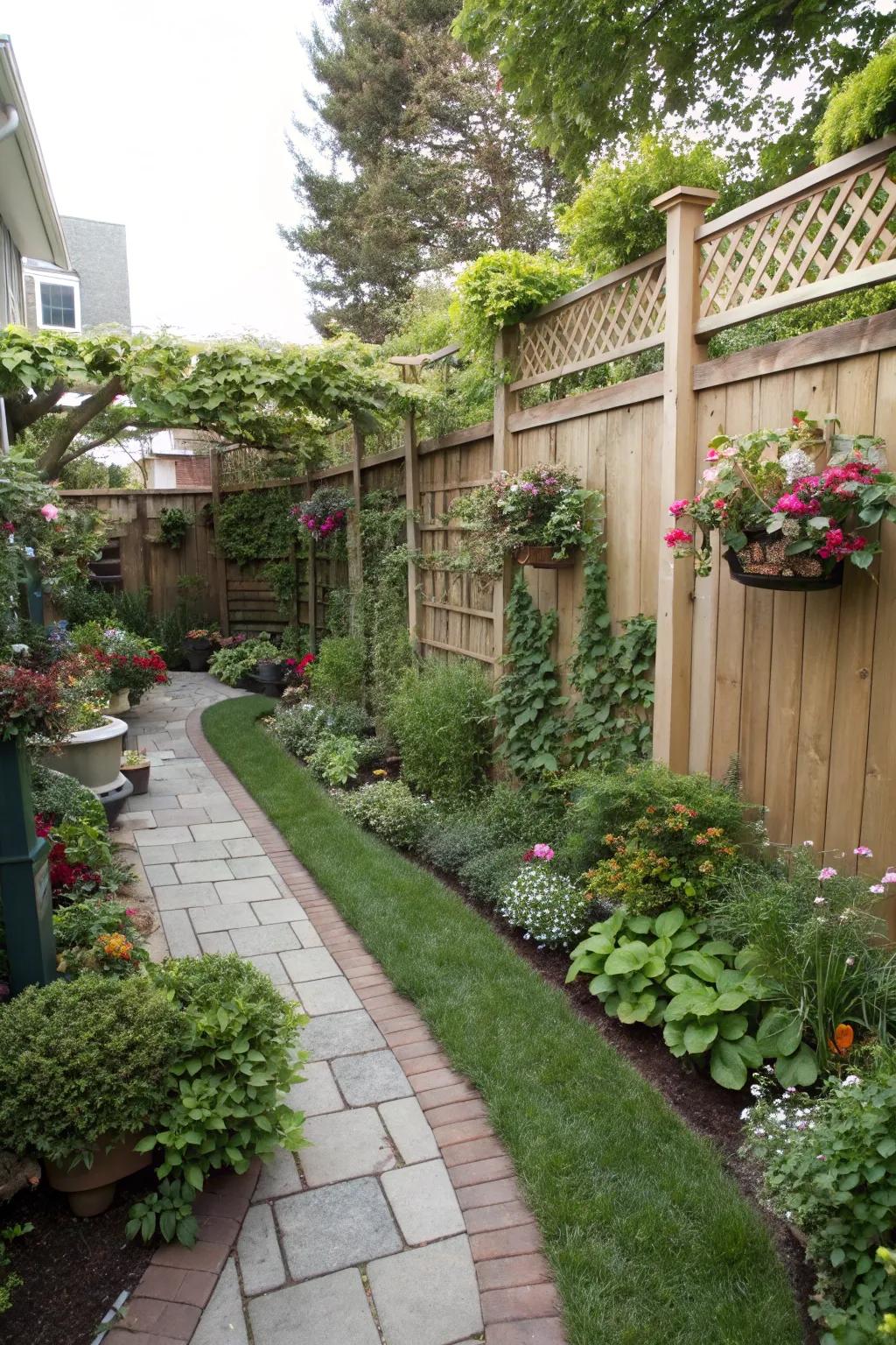 Vertical gardens add abundant greenery to a pie-shaped backyard without using extra space.