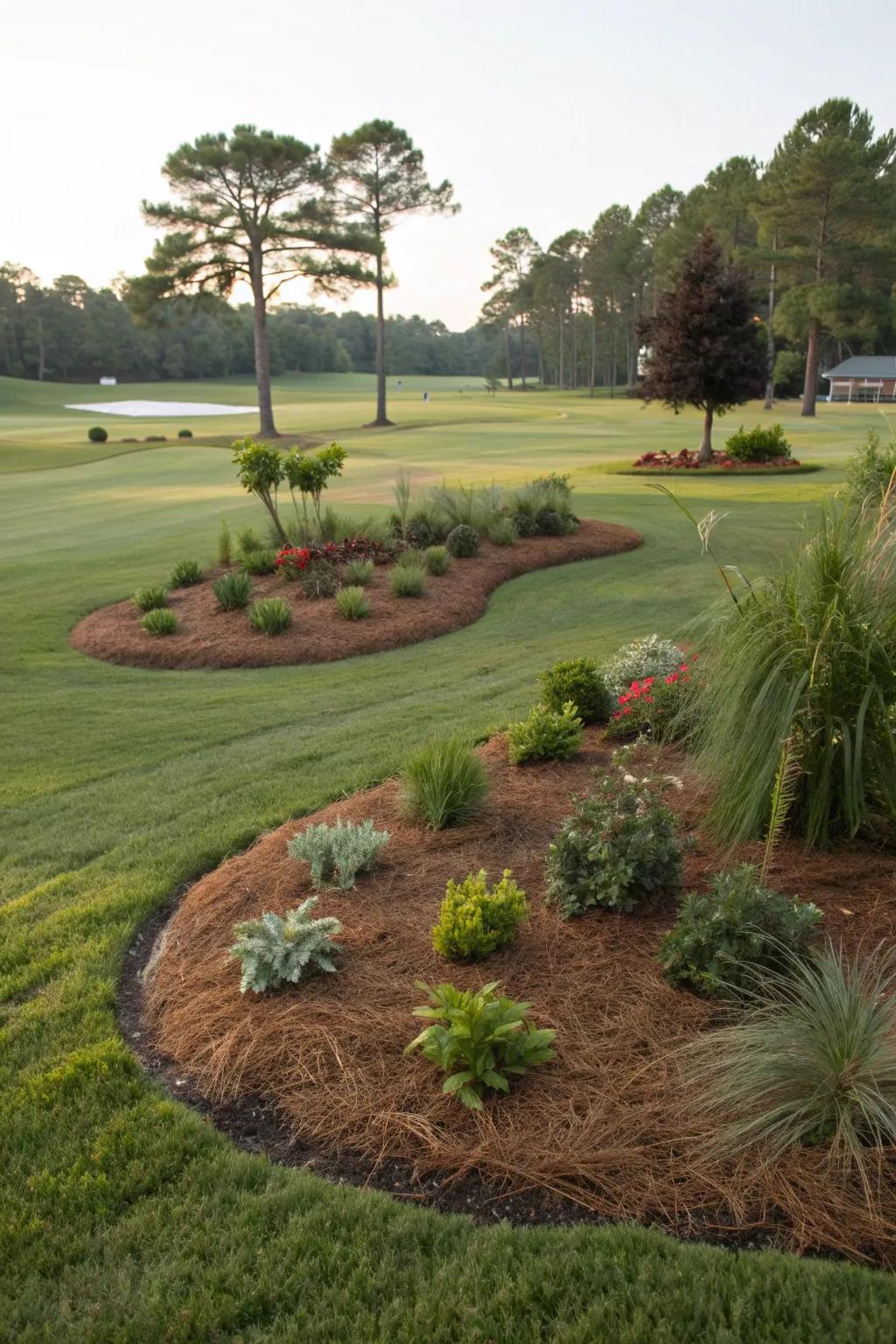 Pine straw islands add interest and focal points to large lawns.