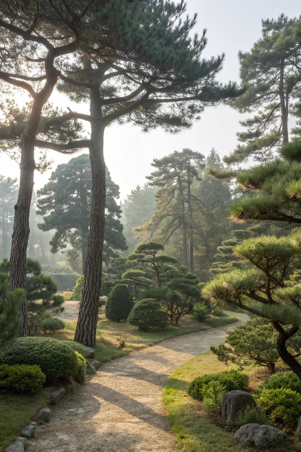 Woodland atmosphere with clustered pines.