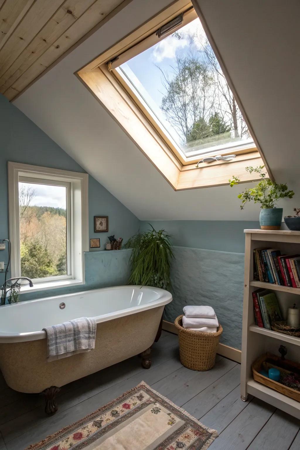 A tubular skylight brightening a compact space.