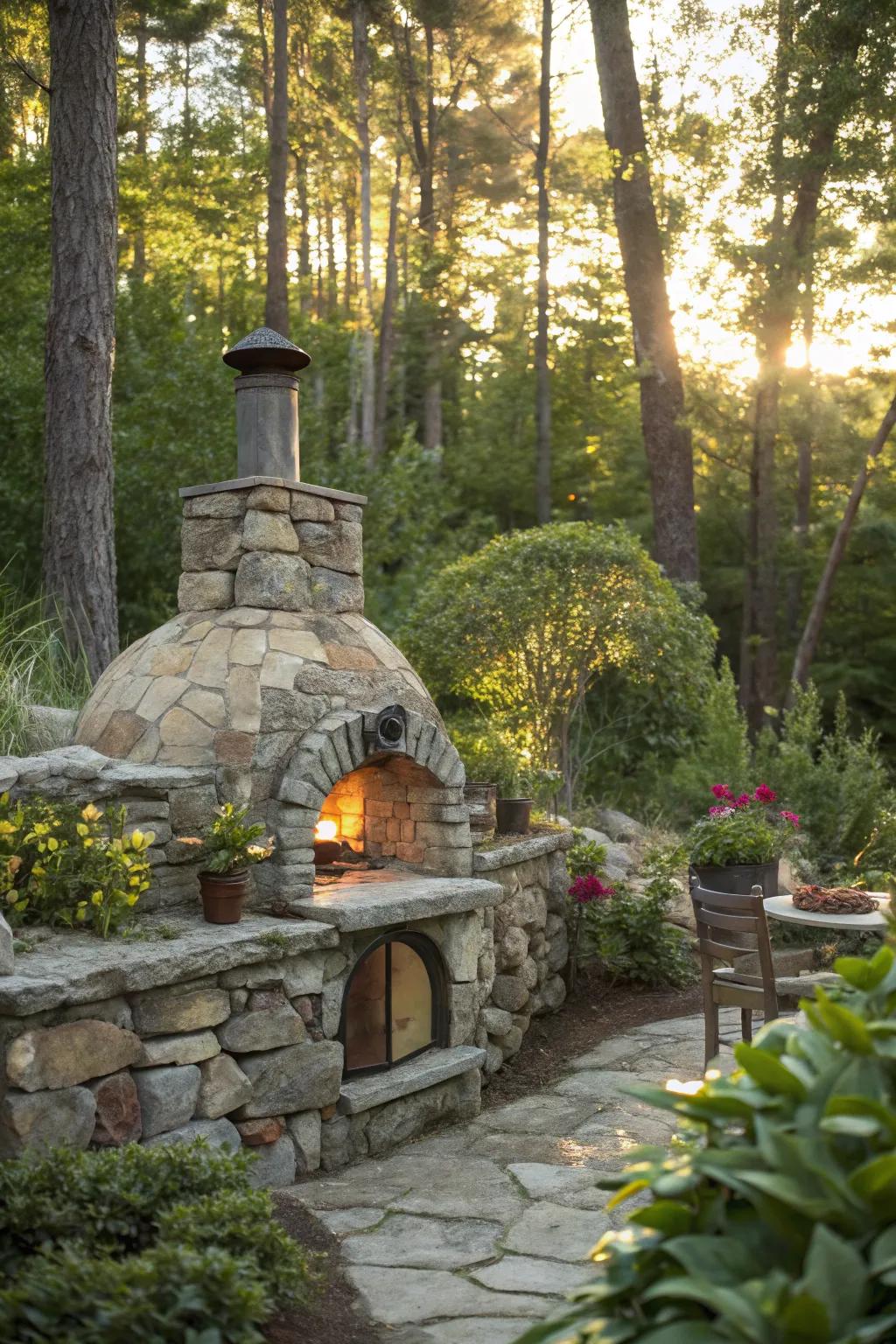 A natural stone pizza oven that seamlessly integrates with the garden's landscape.