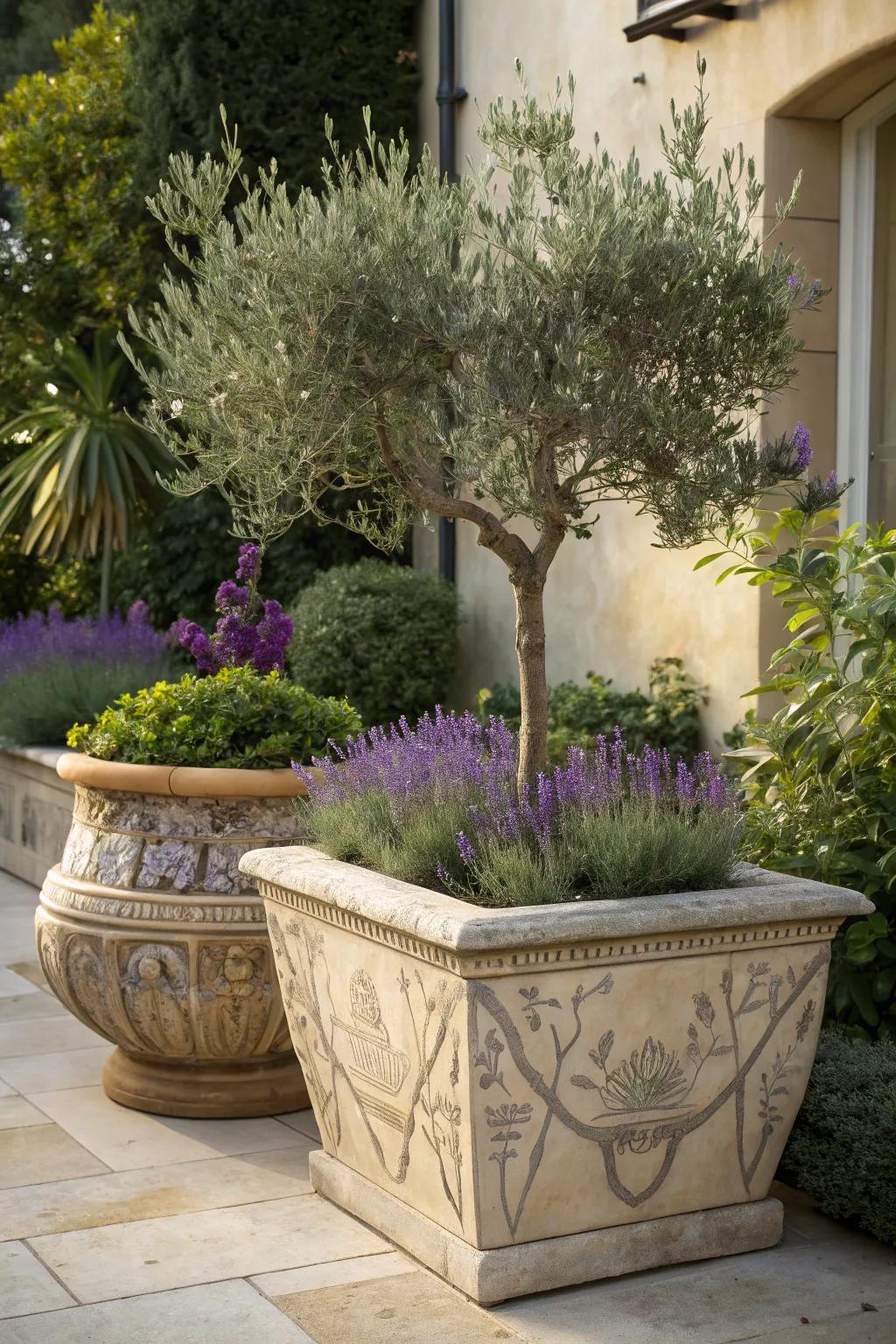 A Mediterranean mix with a small olive tree and soothing lavender.
