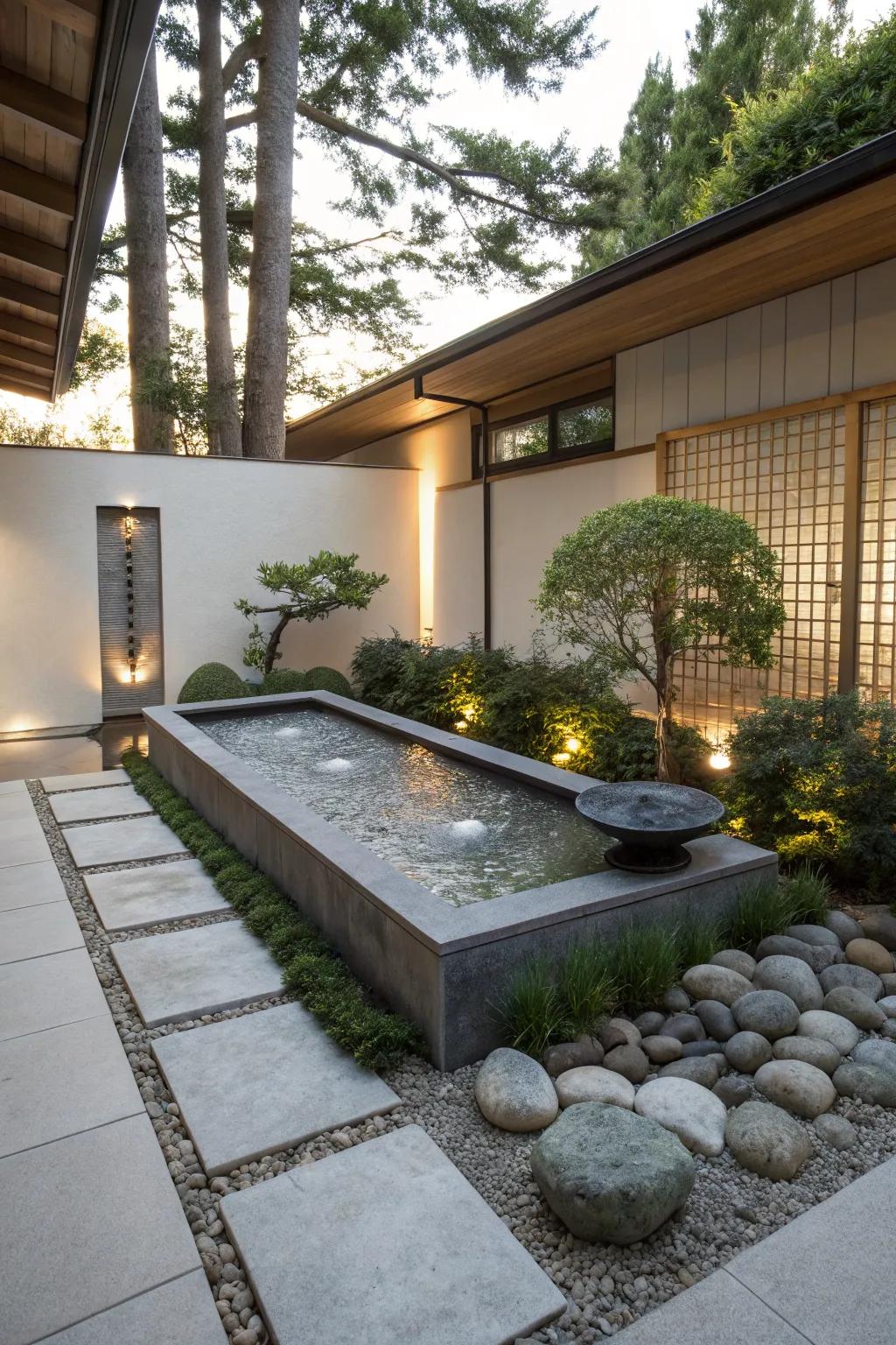 Contemporary water feature adding serene ambiance.