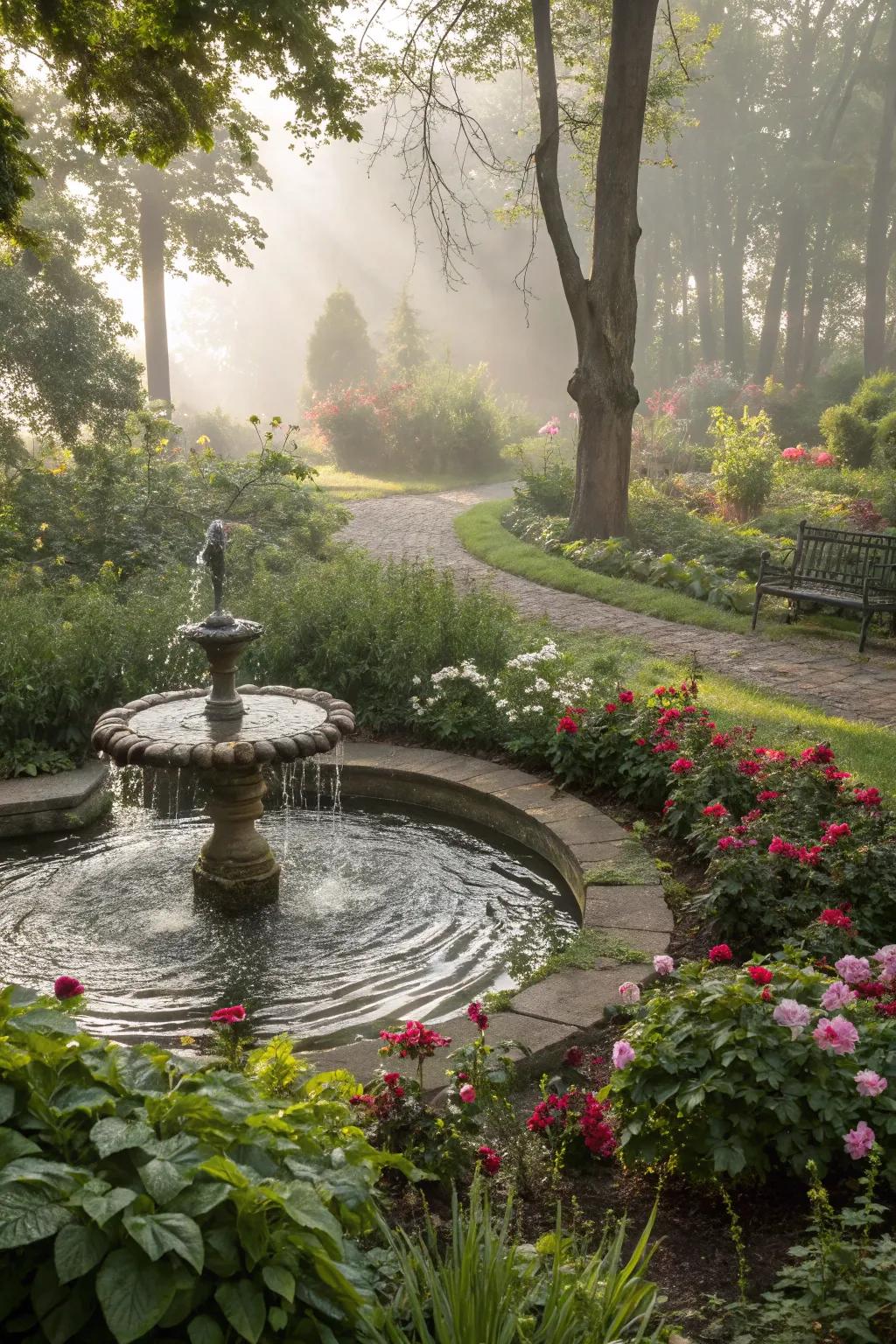 A tranquil pond and fountain enhancing the garden's ambiance.