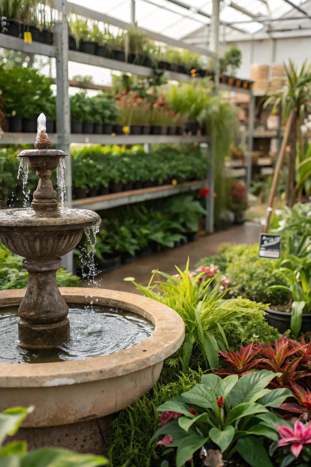 A calming water feature nestled among the plants.