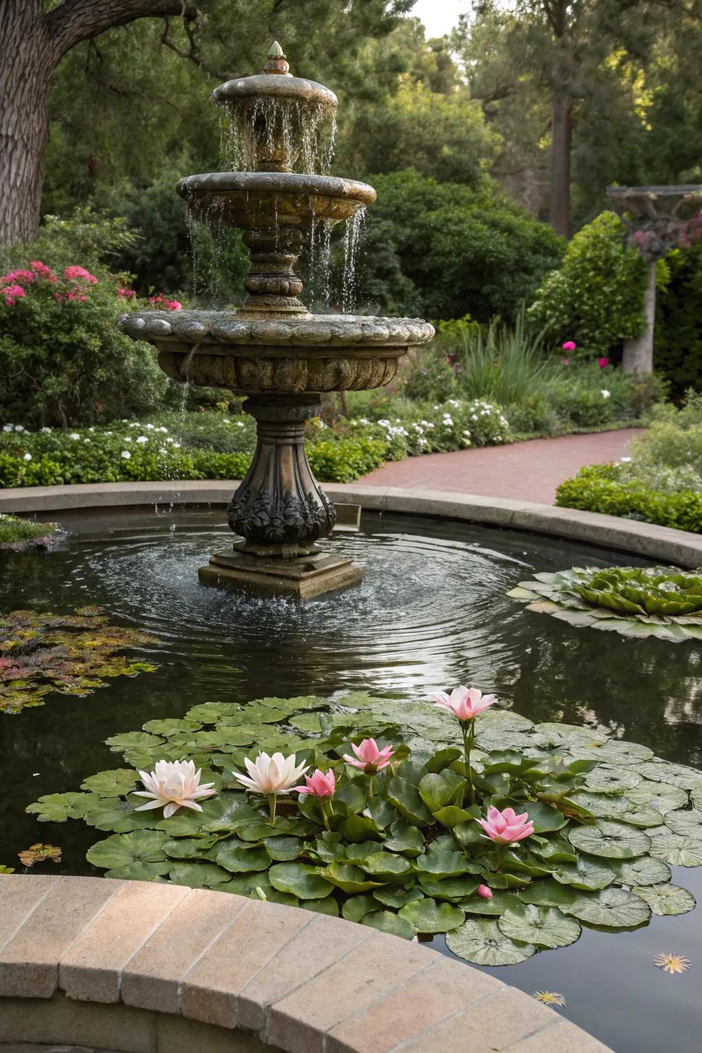 Water lilies add serene beauty and balance to fountains with ponds.