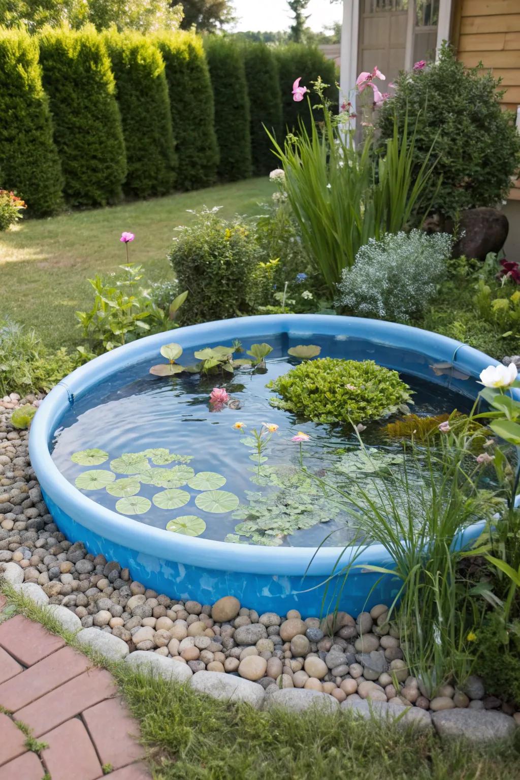 Plastic kiddy pool creatively transformed into a charming garden pond.