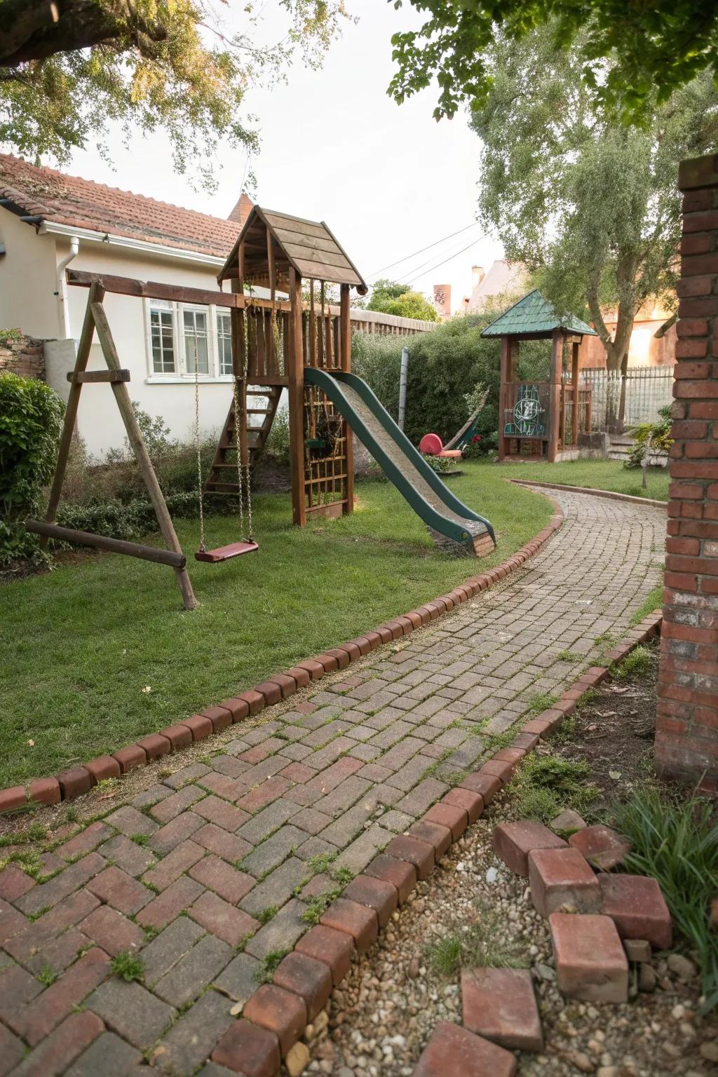 Brick and cobblestones bringing vintage charm to a playground.