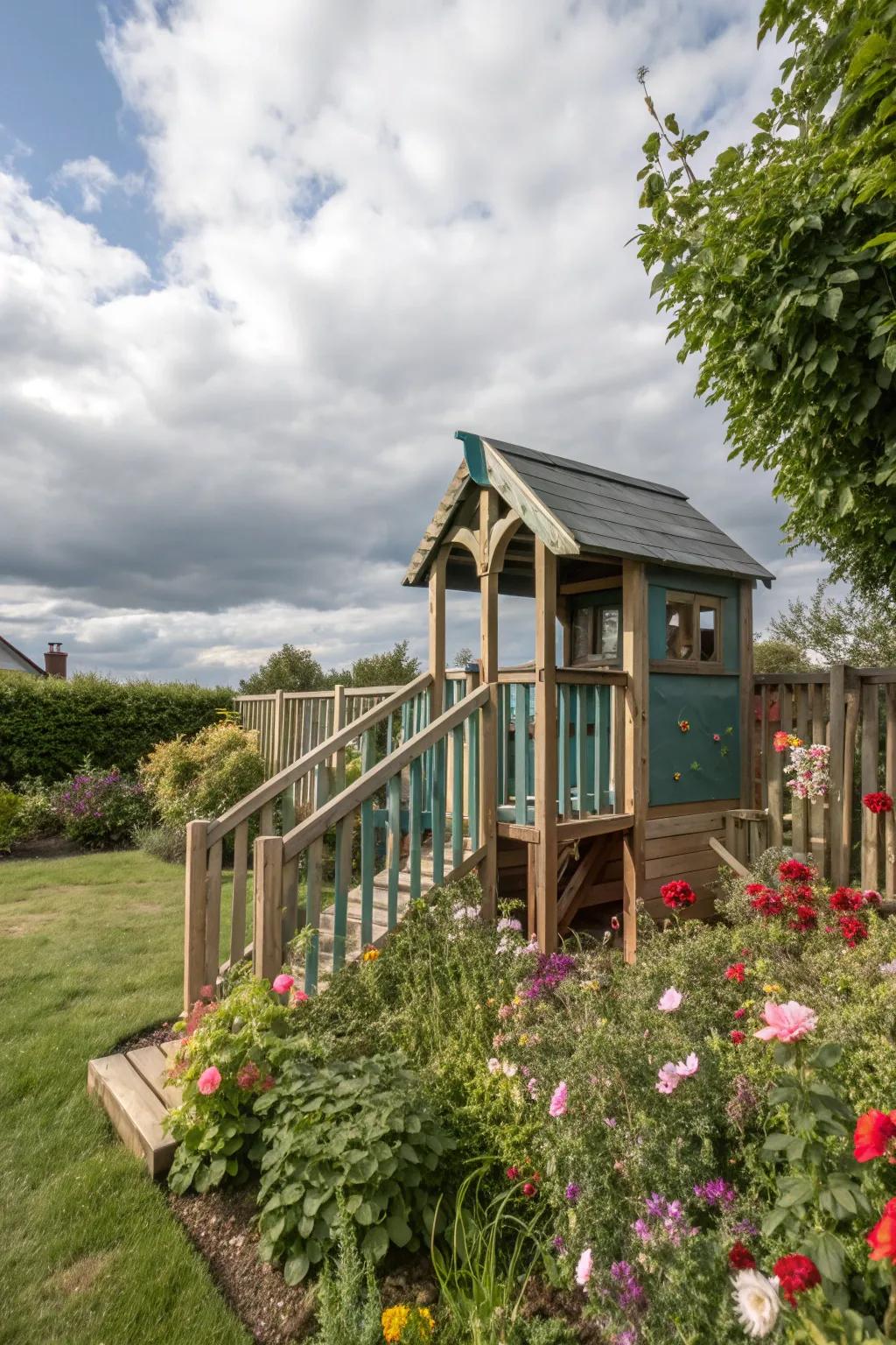 Recycled materials make for sustainable and creative playhouse railings.