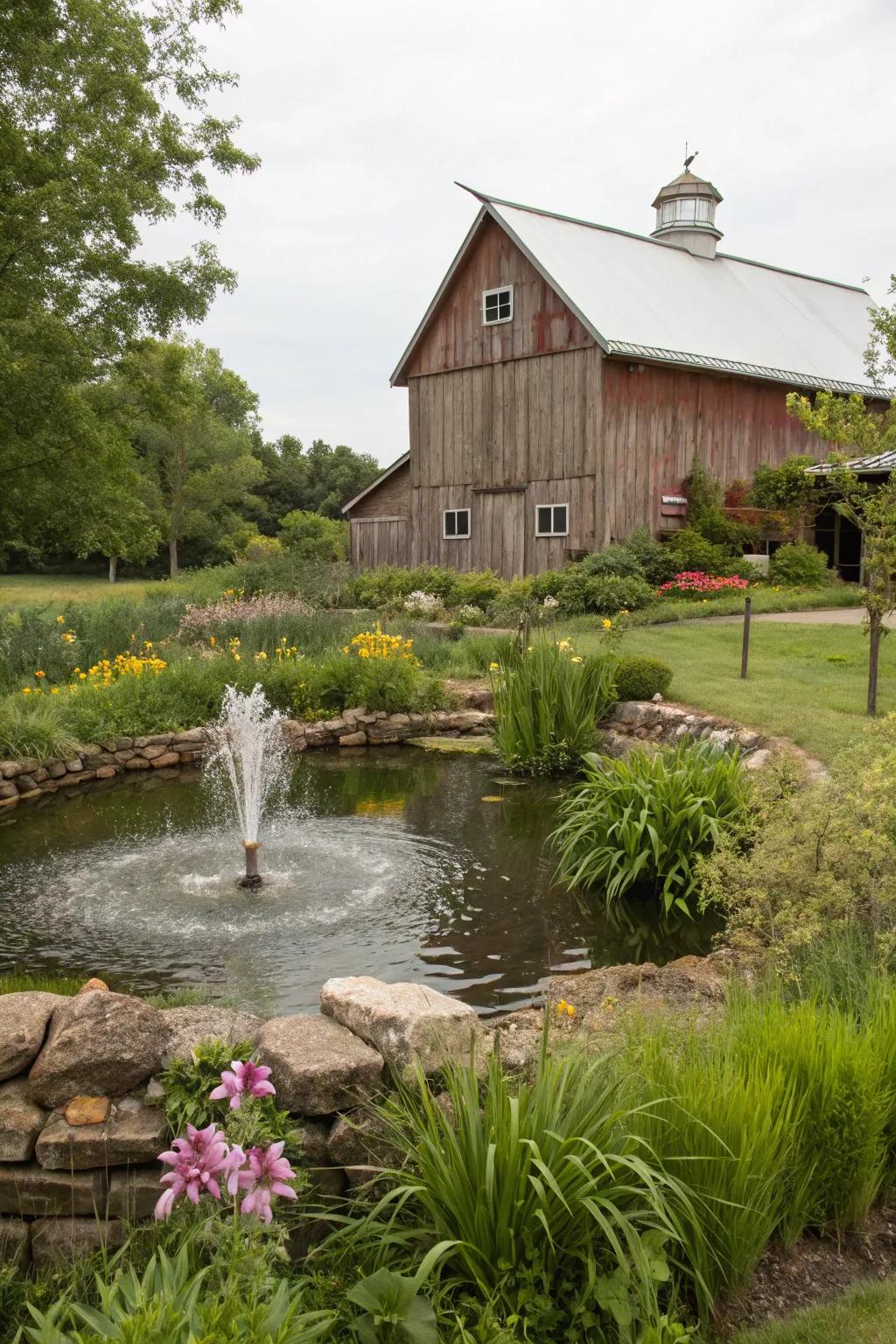 A water feature adds tranquility to the landscape.