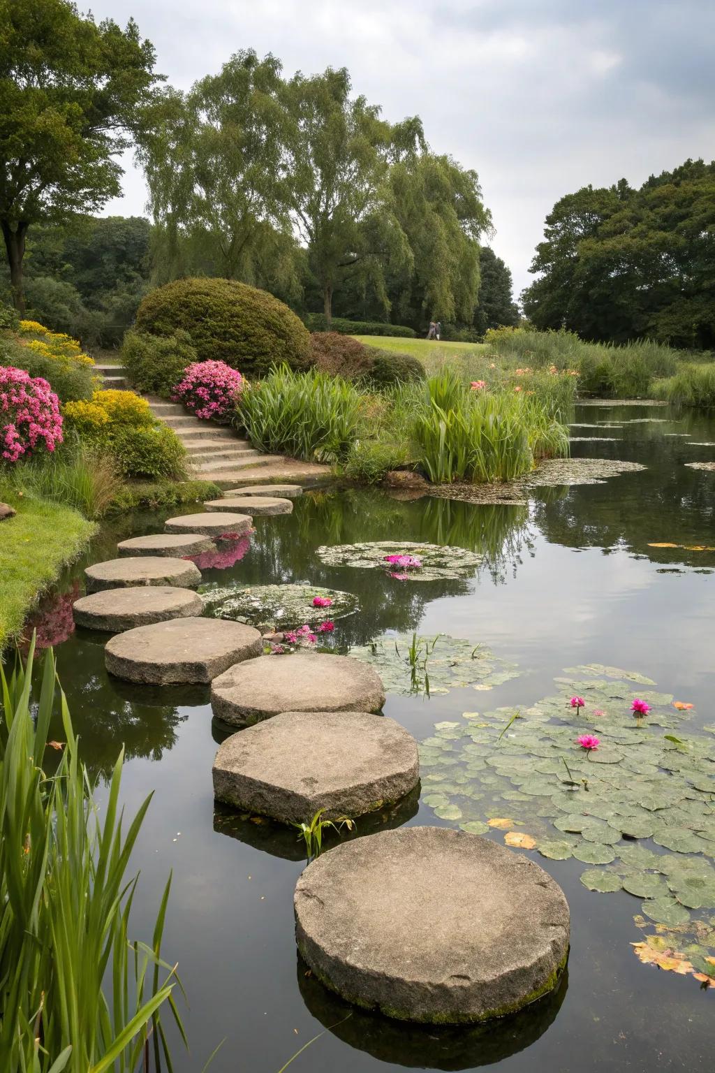 Stepping stones create a playful pathway across the pond.