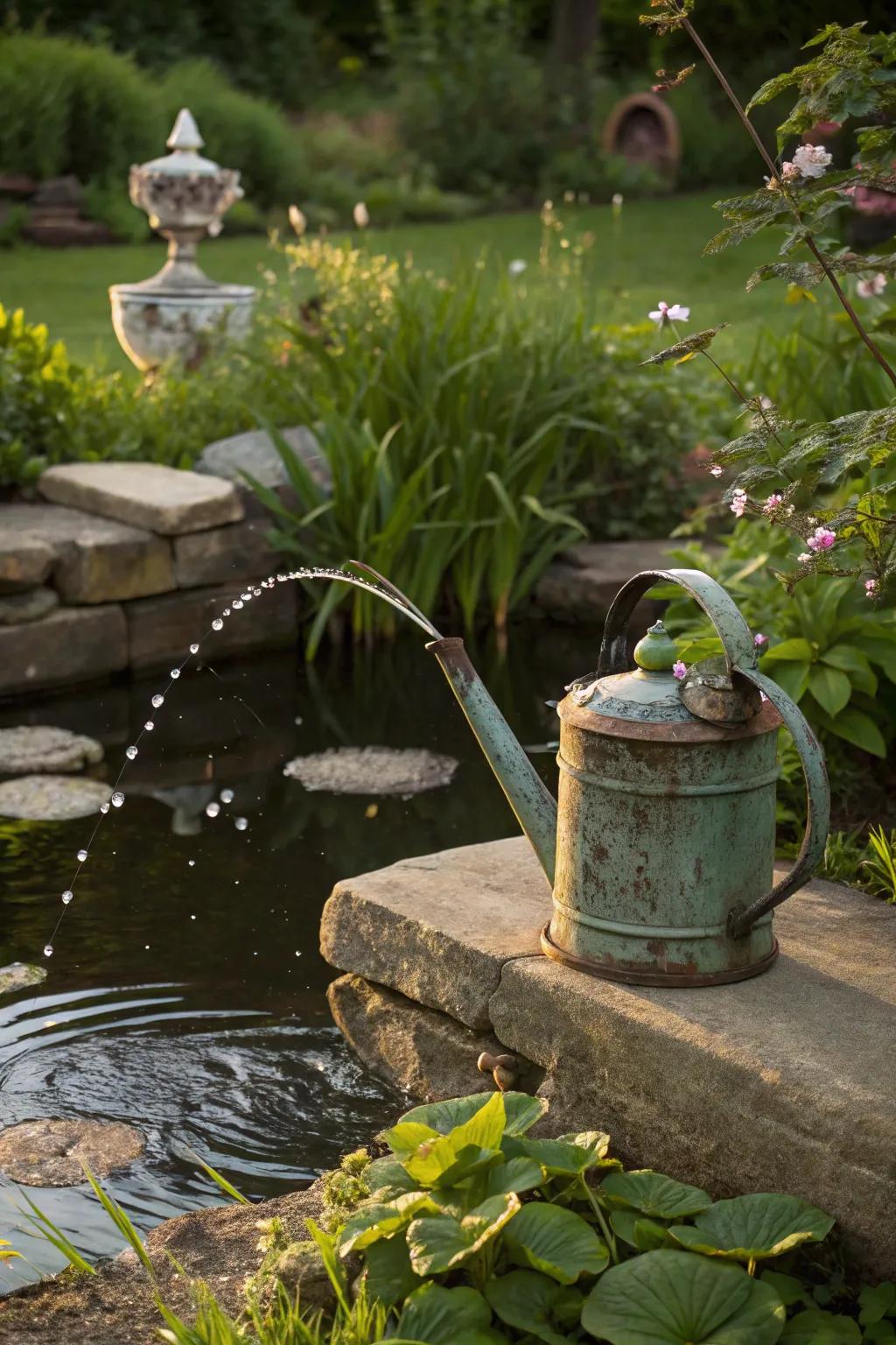 A teakettle spitter adds a quirky touch to your garden pond.