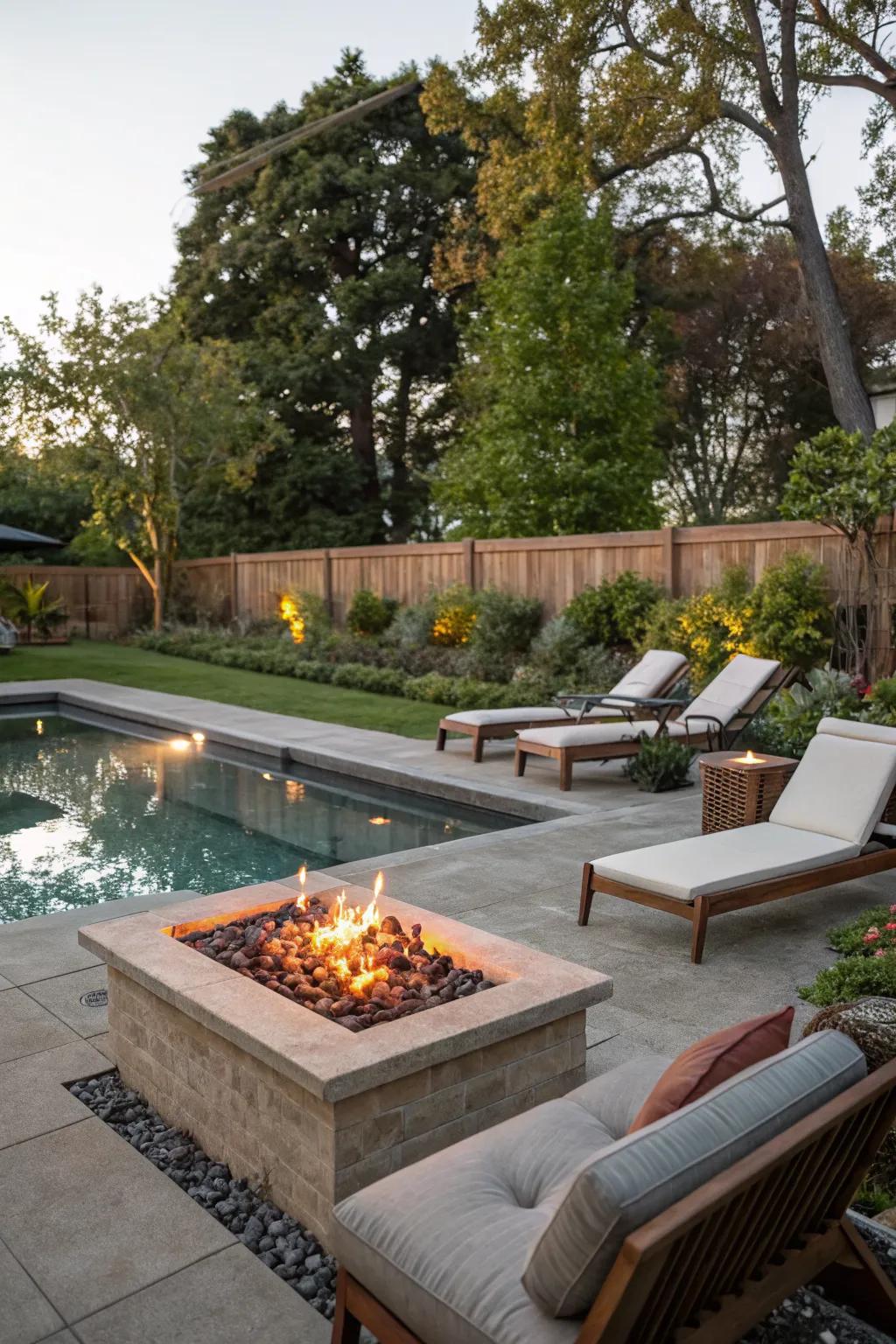A fire pit adds warmth and ambiance to the poolside.