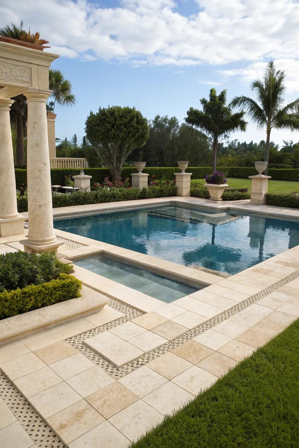 Travertine tiles offer timeless elegance for any pool.