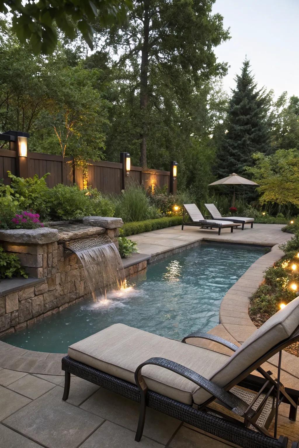 Water features add a serene auditory barrier.