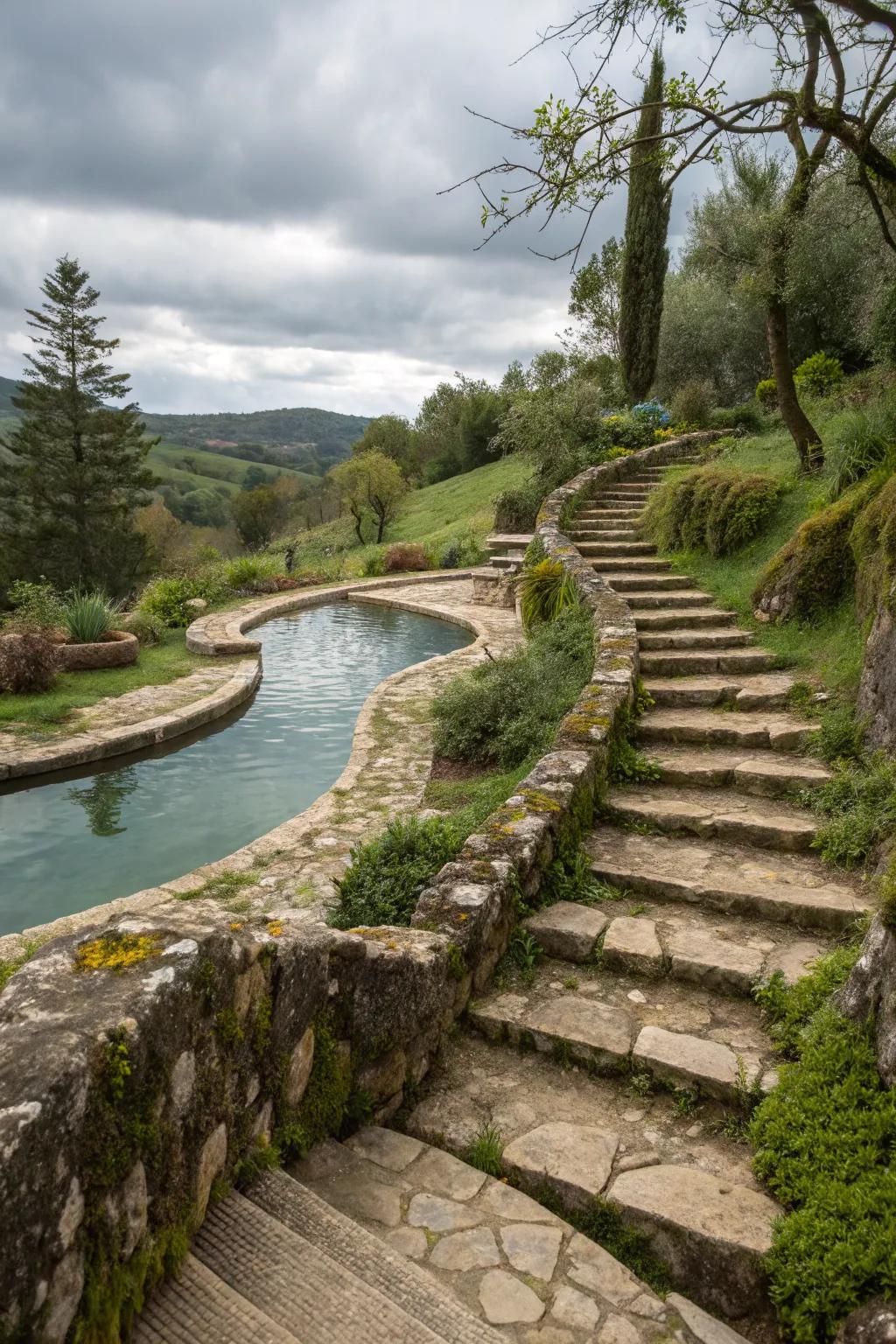 Stone steps blend seamlessly with natural settings.