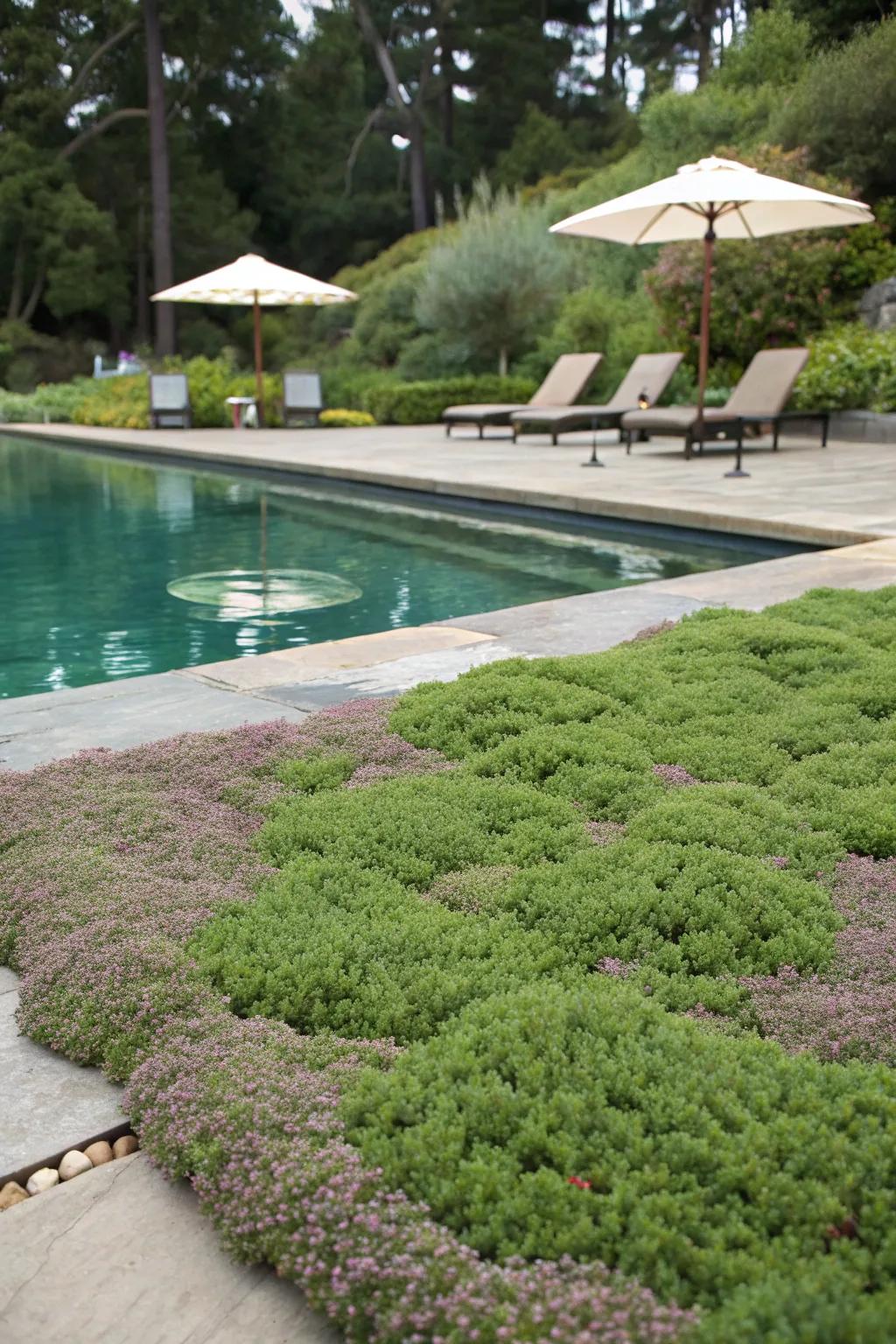 Ground covers provide a lush base for your poolside plants.