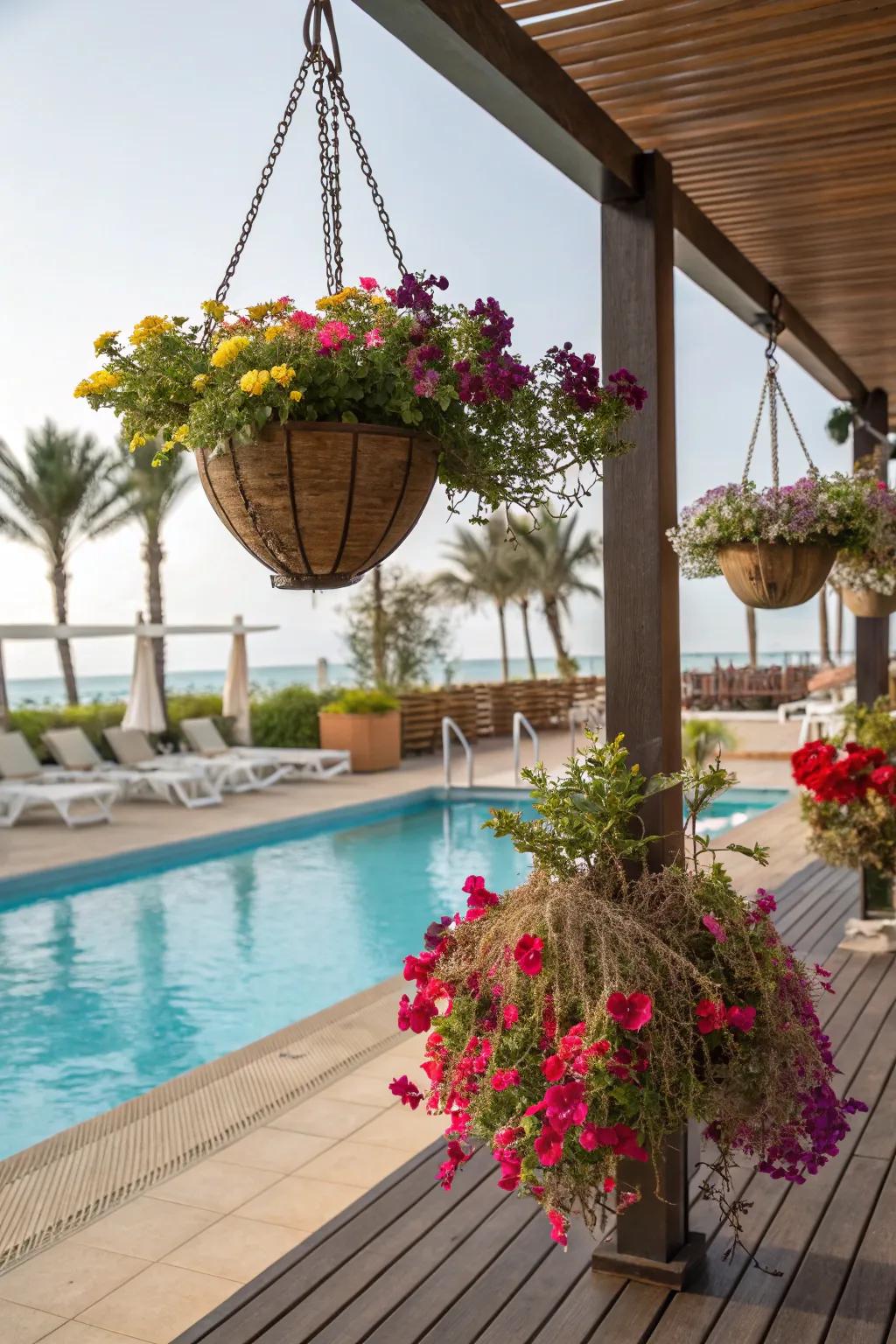 Hanging planters bring color and life to your pool area.