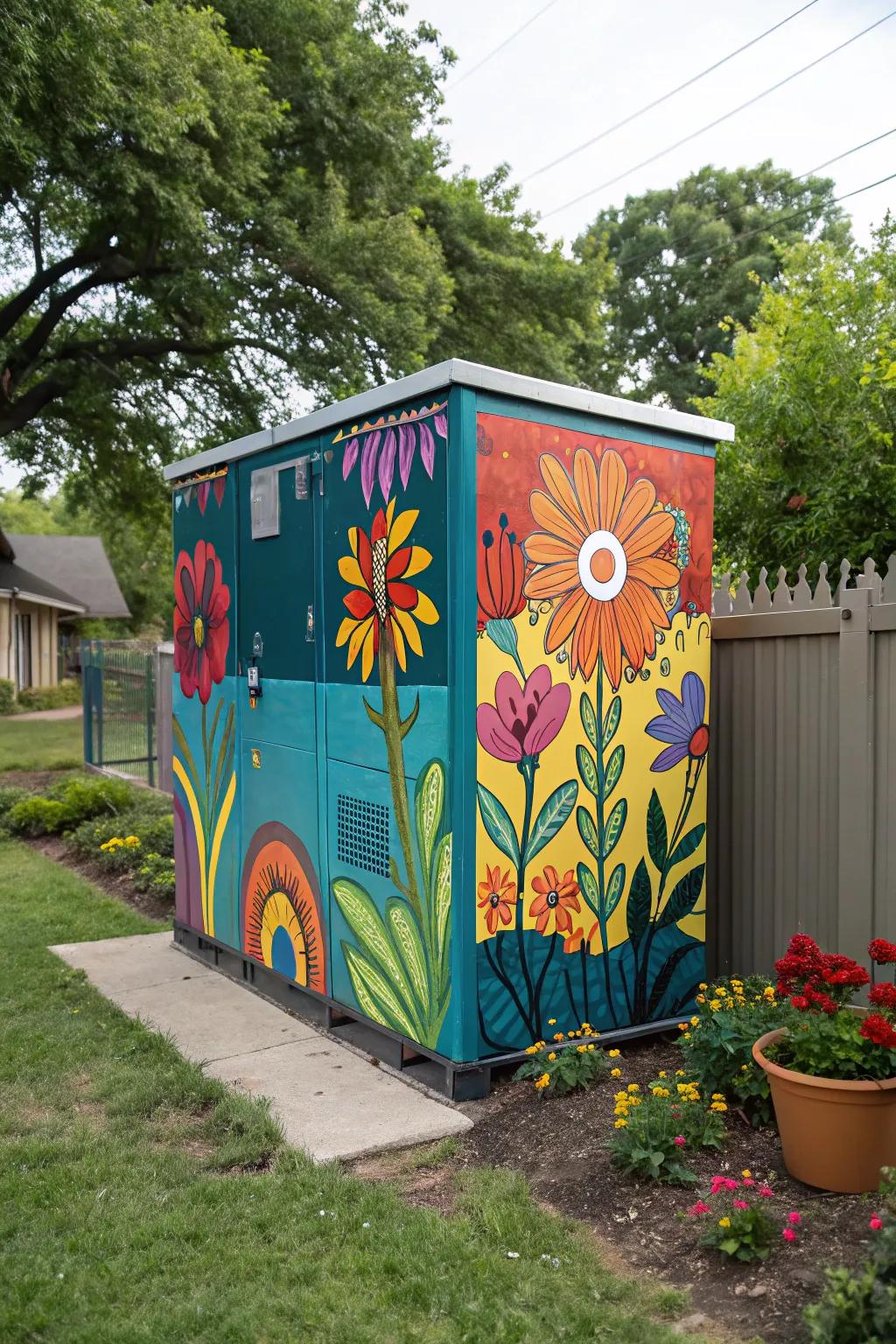 Artistic murals turn equipment enclosures into striking backyard art.