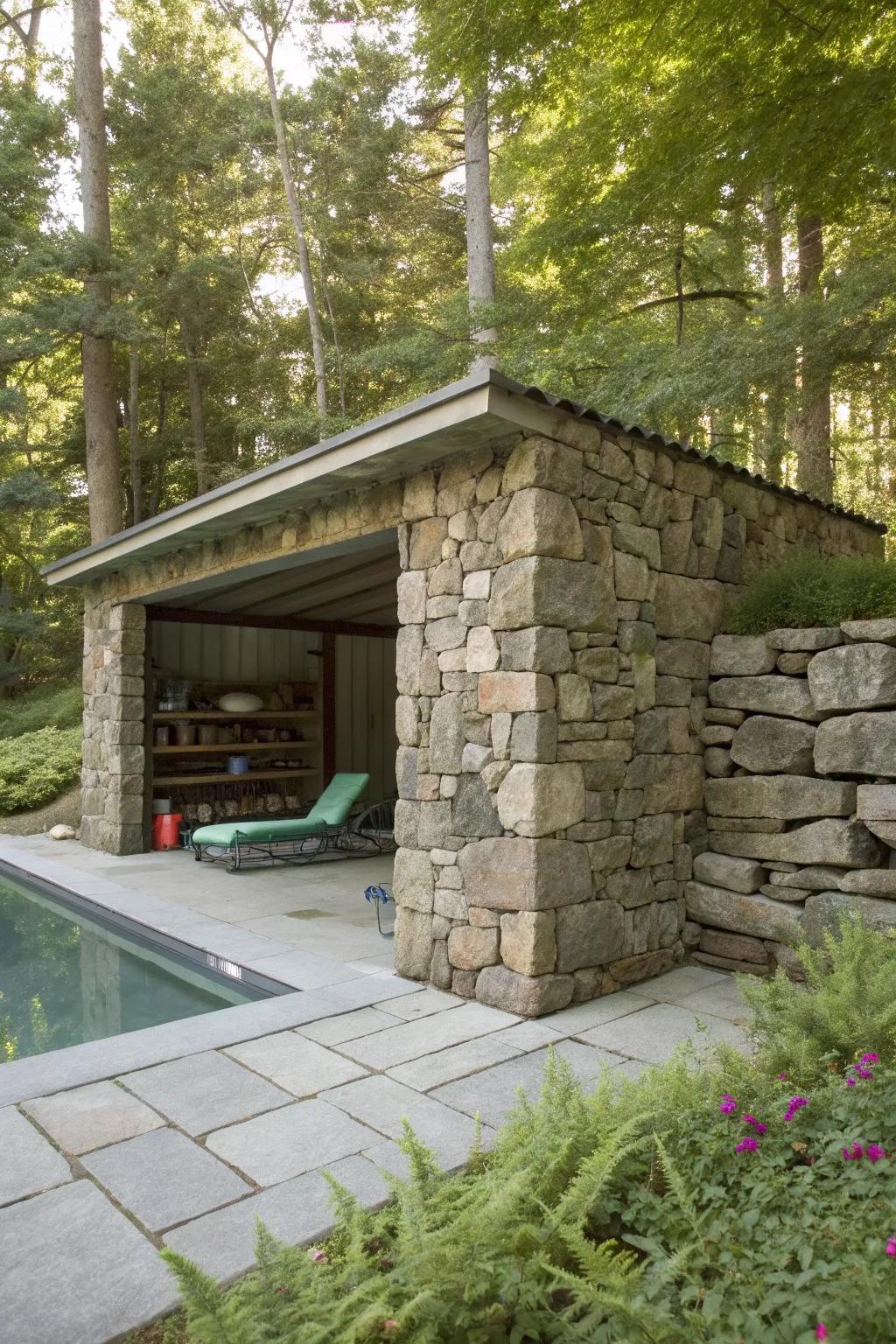 Stone walls provide durable and timeless protection for pool equipment.