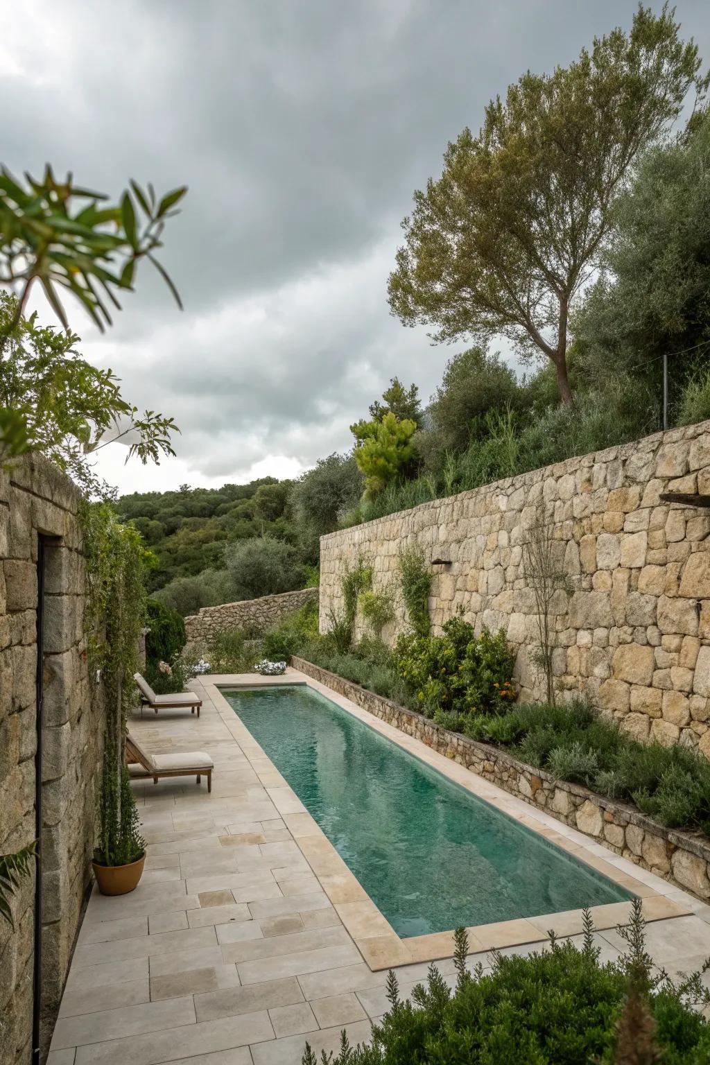 Stone walls provide complete privacy and a natural backdrop for your pool.