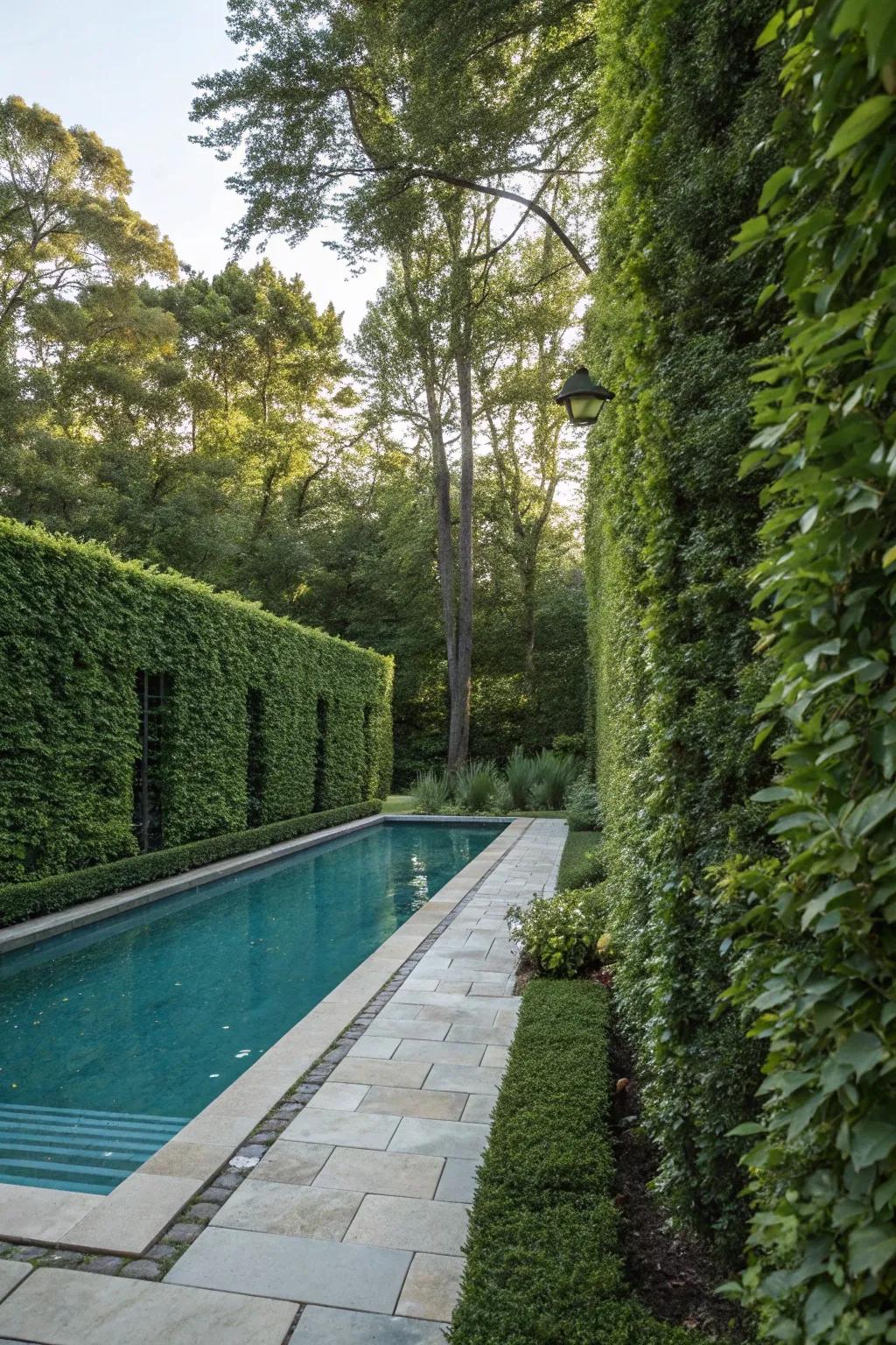 Green screens offer privacy and a lush poolside backdrop.