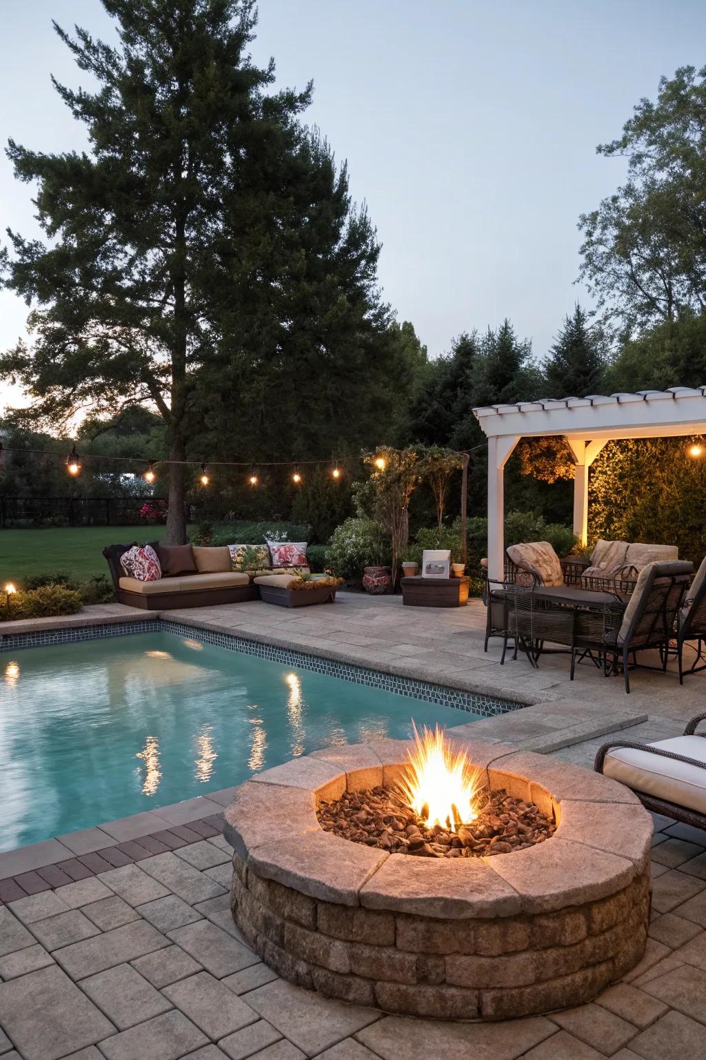 A fire pit adds warmth and a gathering spot by the pool.