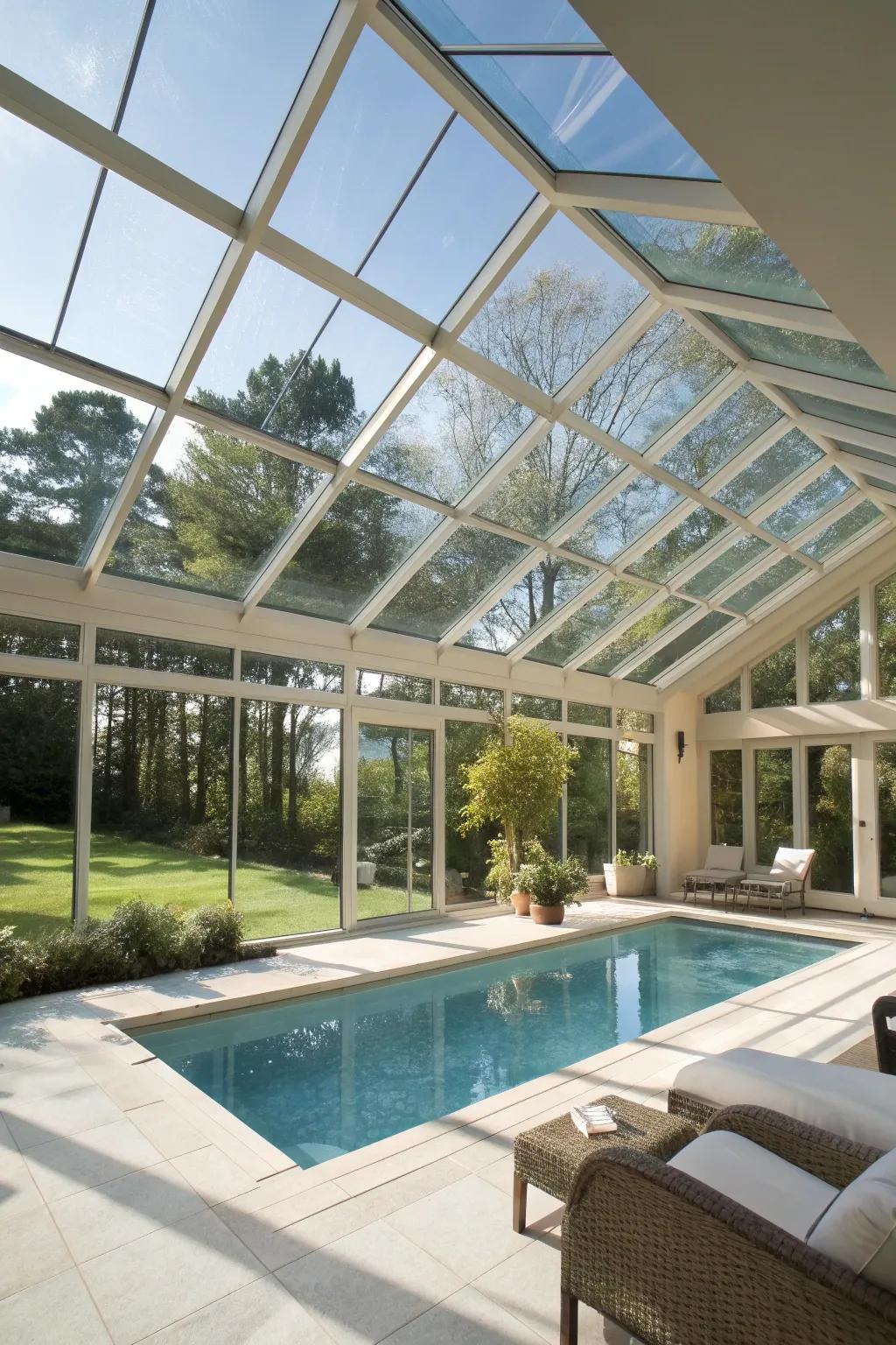 Glass ceilings offer breathtaking views and a seamless transition to the outdoors.