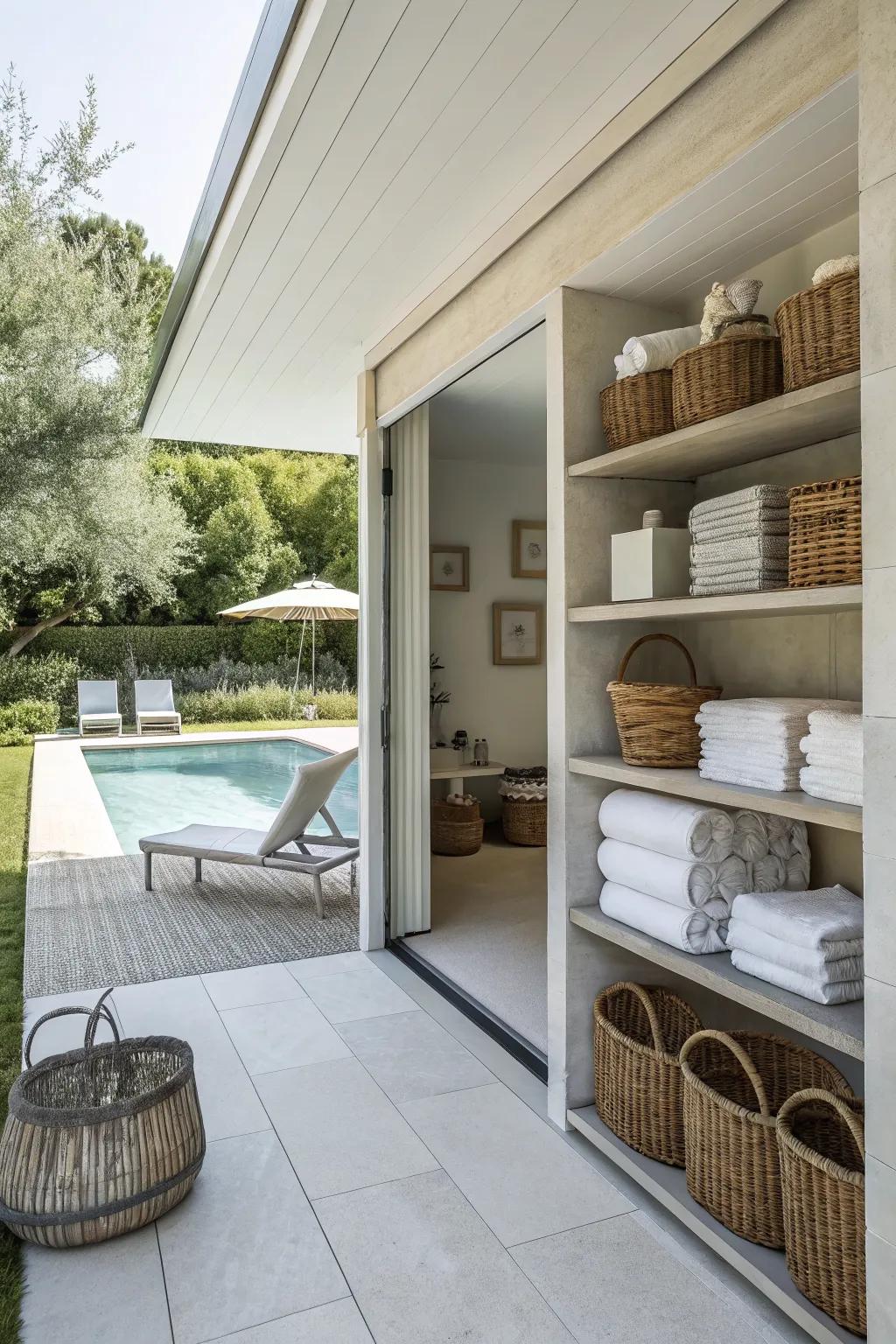 Functional storage keeps the pool house organized and chic.