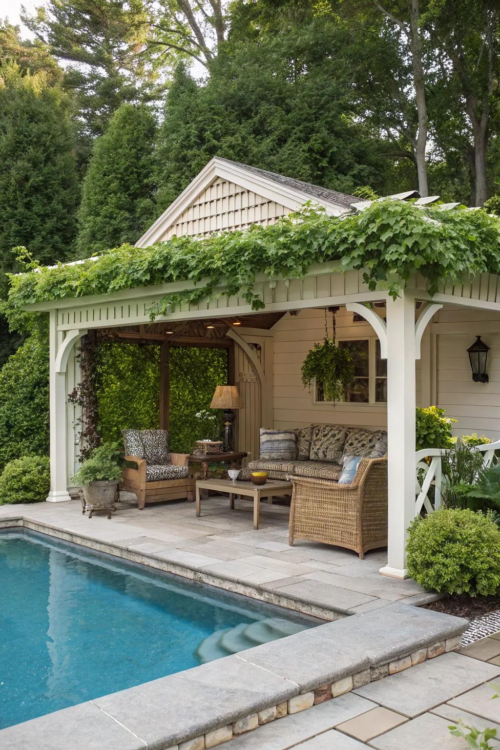 A pergola adds elegance and shade by the pool.