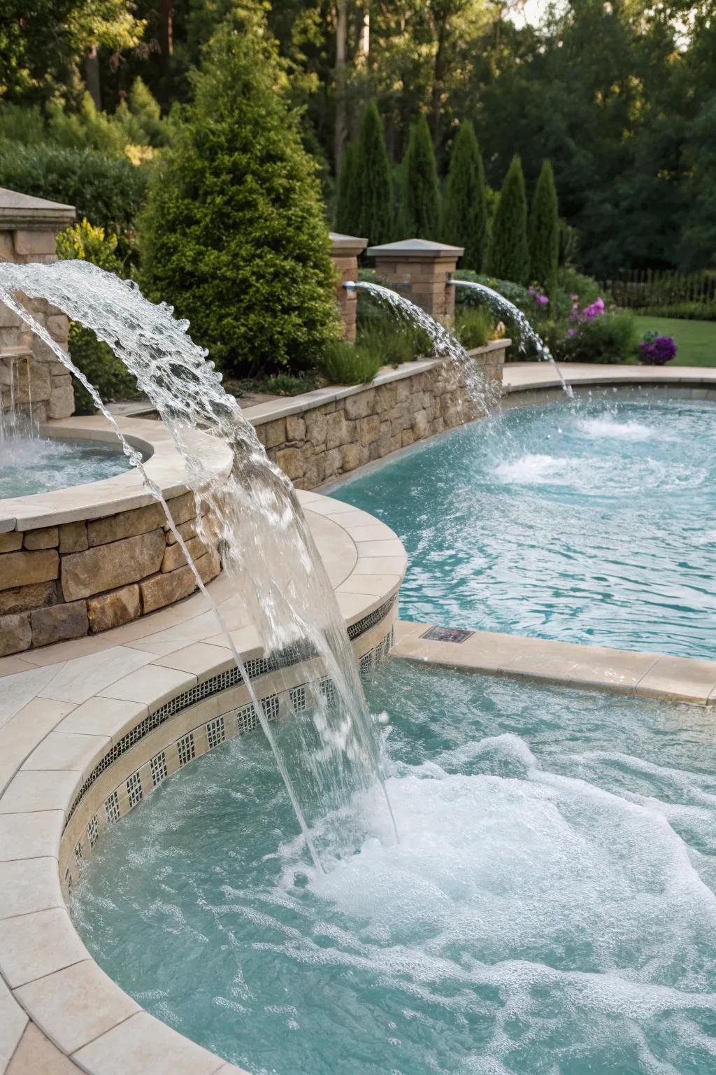 A pool and jacuzzi enhanced with waterfalls and water jets for added movement.