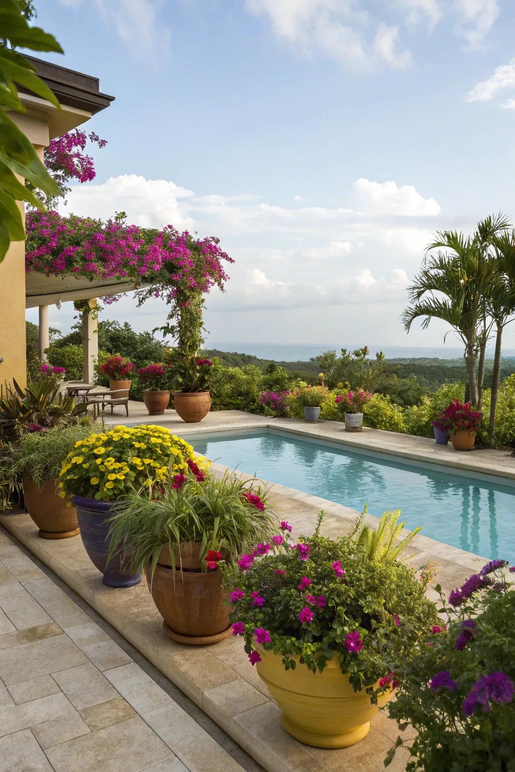 Colorful container gardens add life and vibrancy to the lanai.