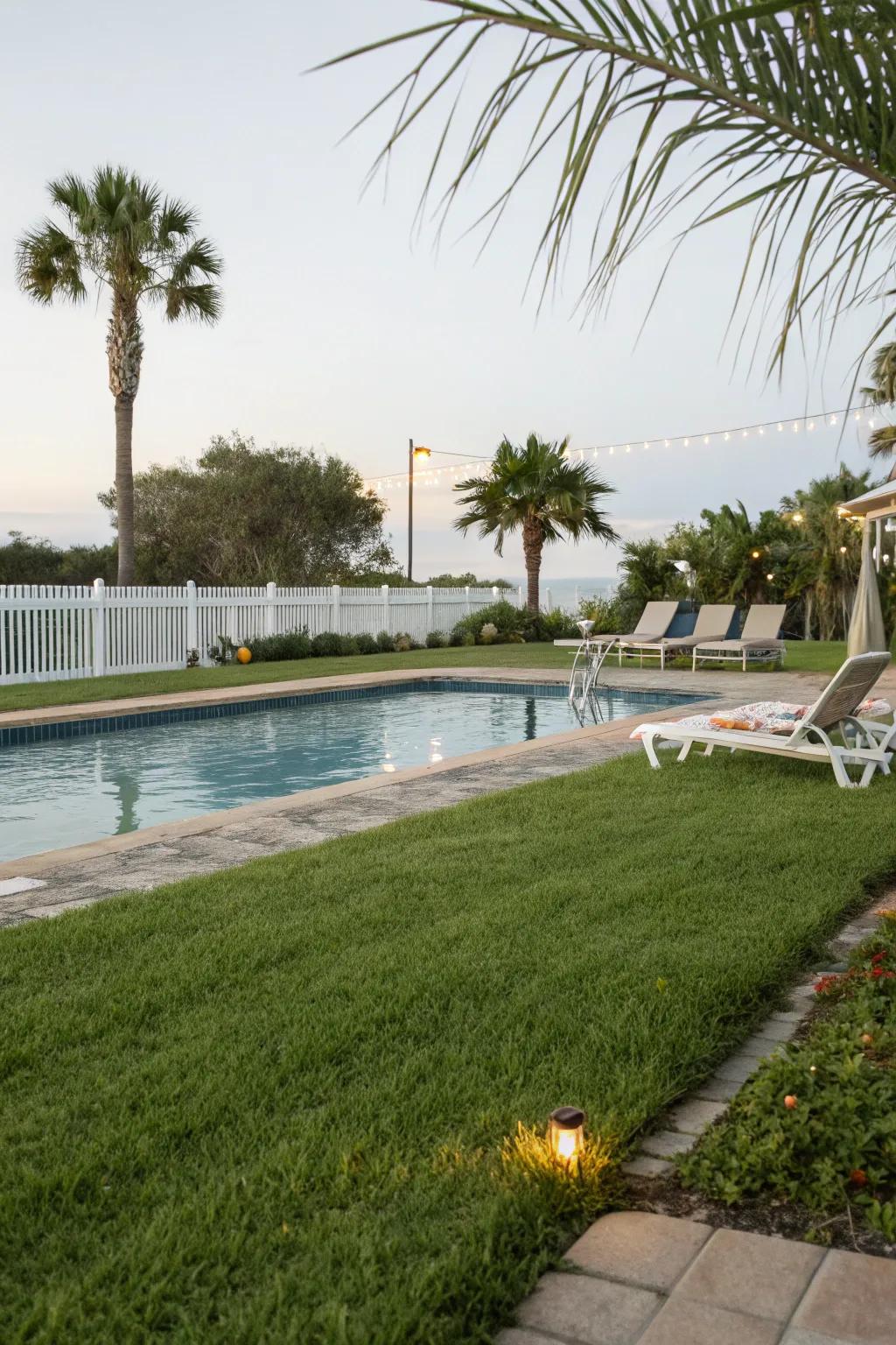 Soften your pool area with lush grassy patches.
