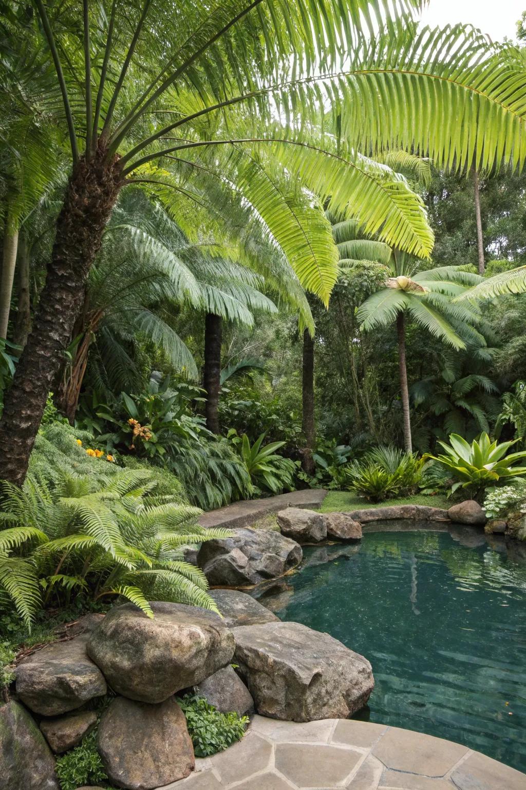 Tropical rock elements create an exotic poolside escape.