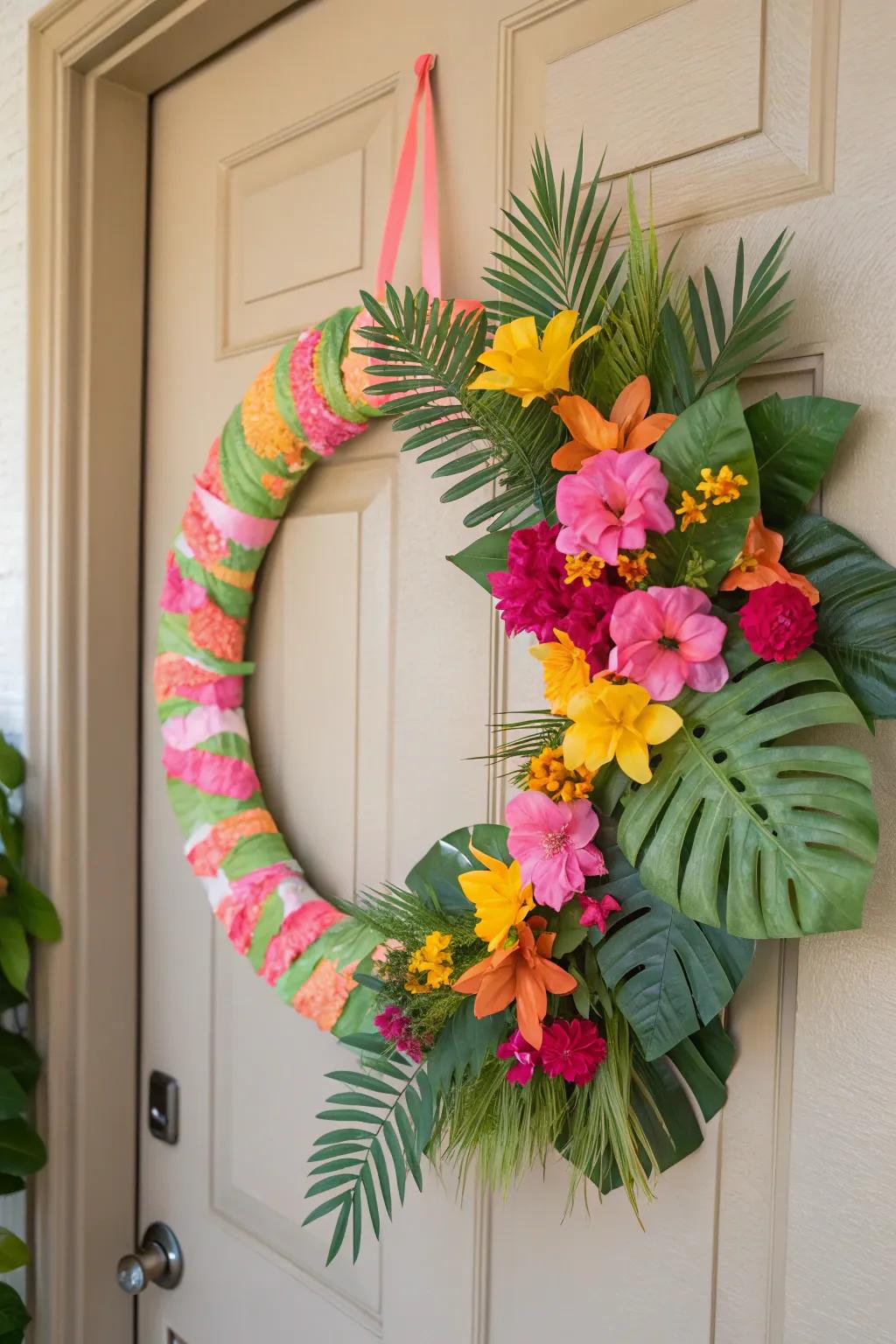 A vibrant tropical wreath that transports you to paradise.