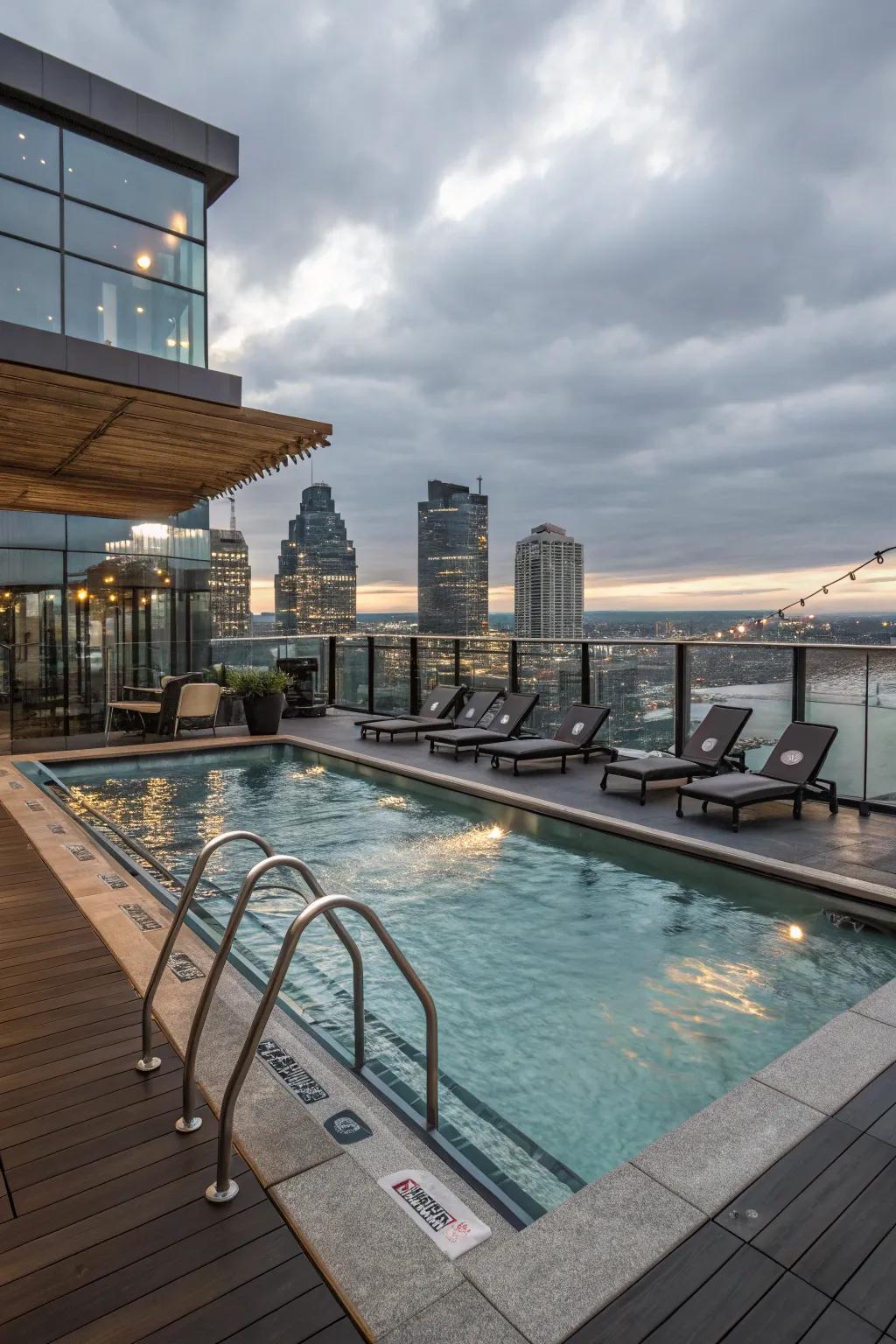 A rooftop pool equipped with invigorating swim jets.