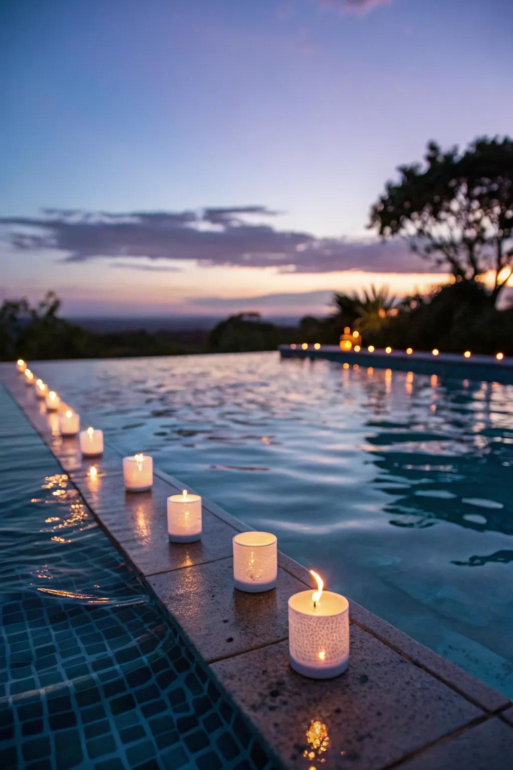 Floating candles light up the water with elegance and charm.