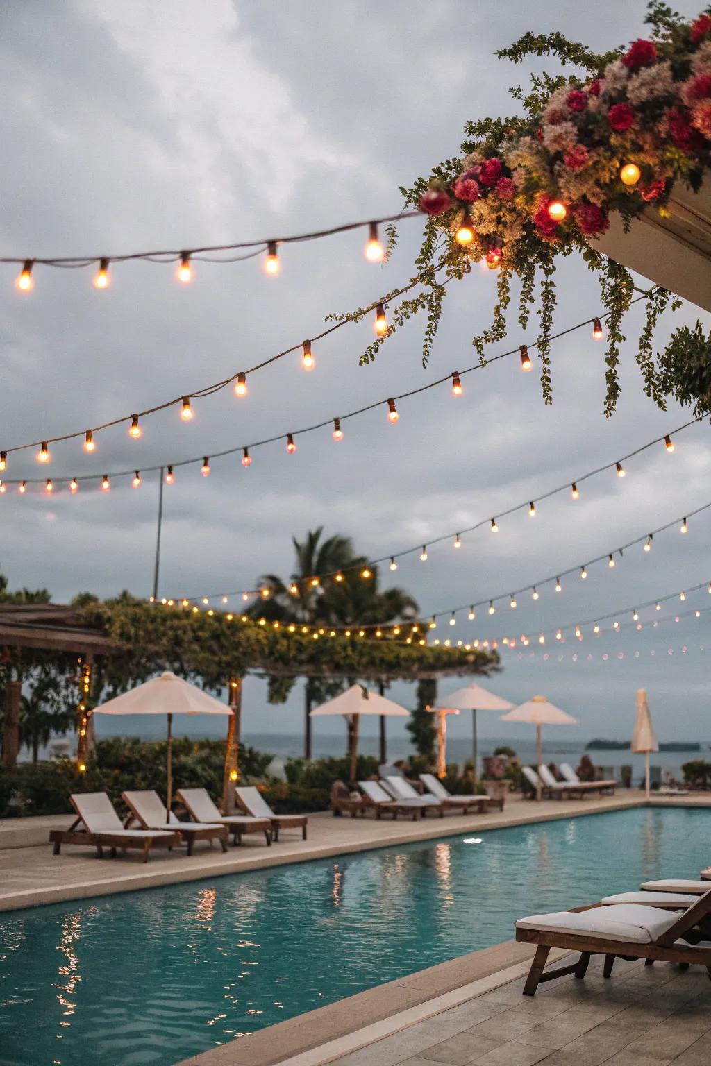 A poolside area beautifully decorated with string lights and garlands.