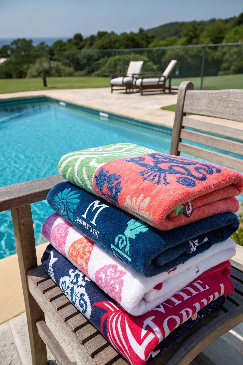 A stack of custom pool towels with personalized designs.