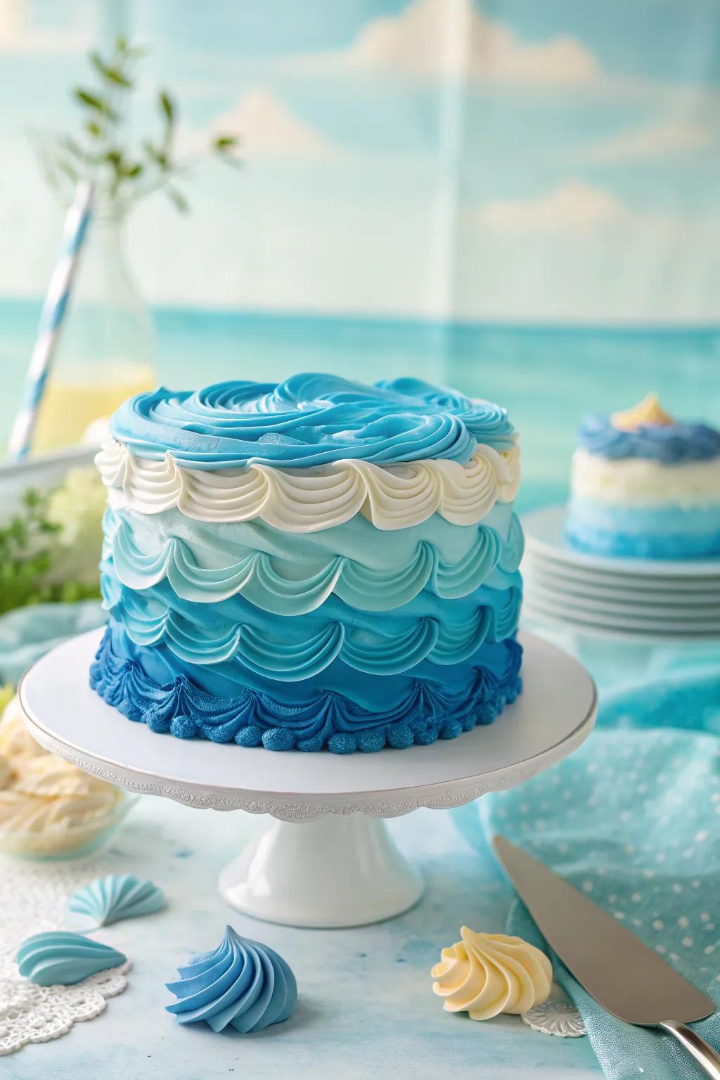 Dynamic buttercream waves on a pool cake.