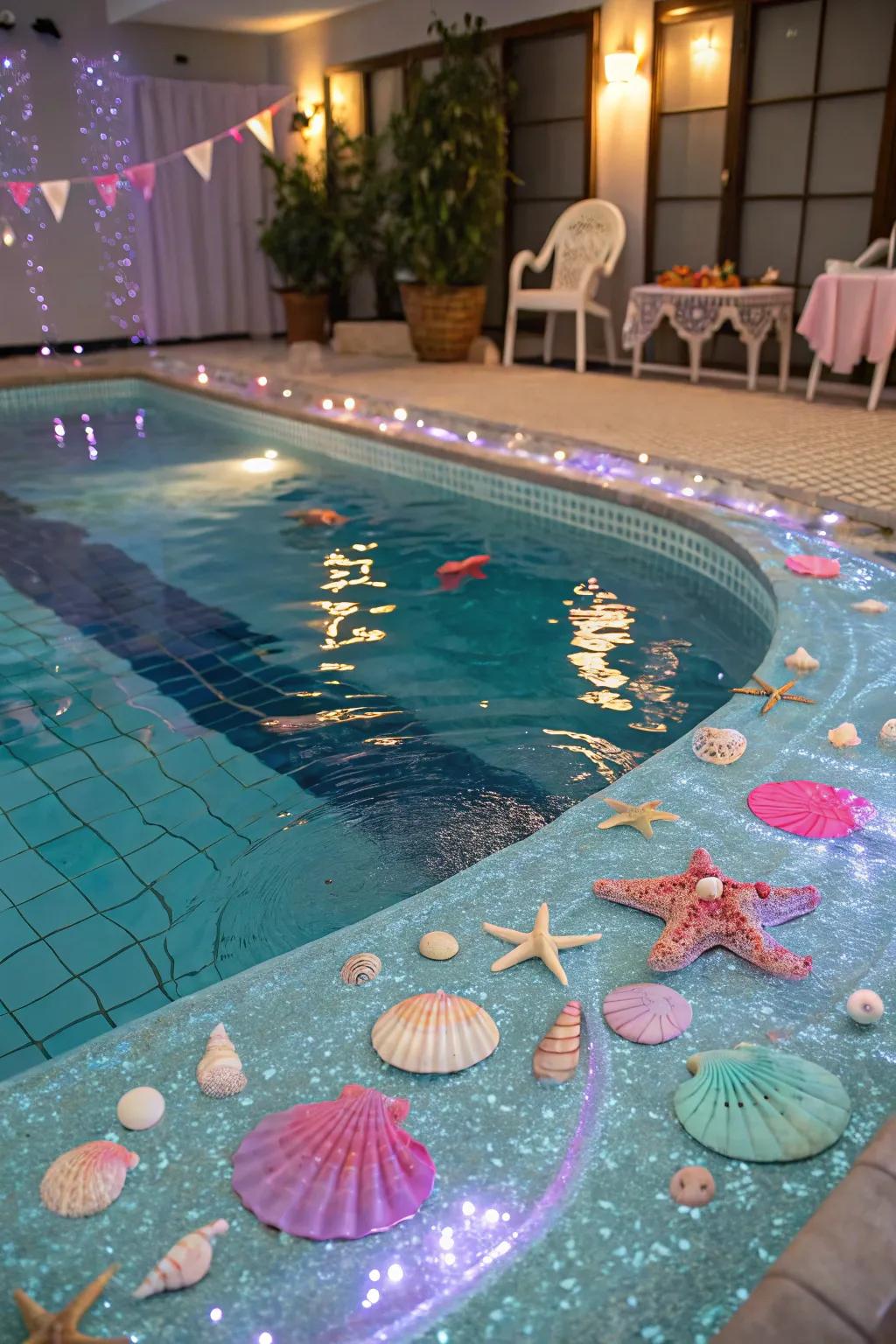 Dive into a magical mermaid pool party with enchanting decor.