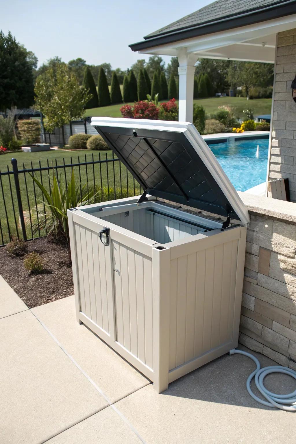 A practical pool pump house with a hinged lid.