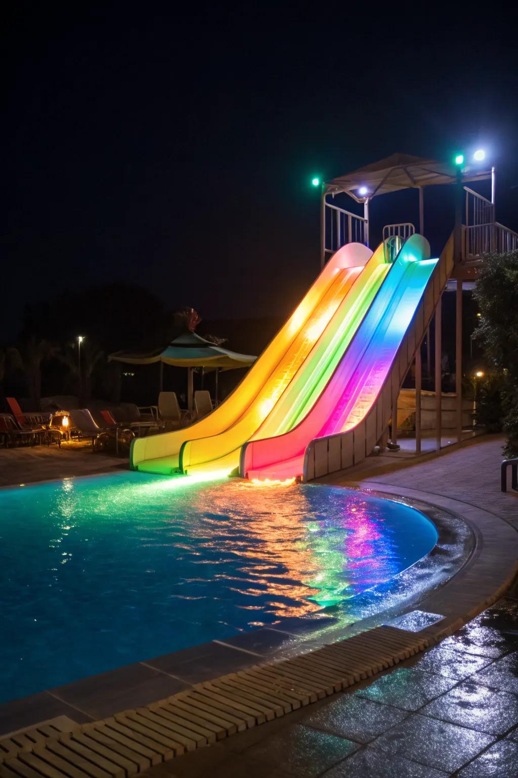 An LED-lit pool slide that dazzles after dark.