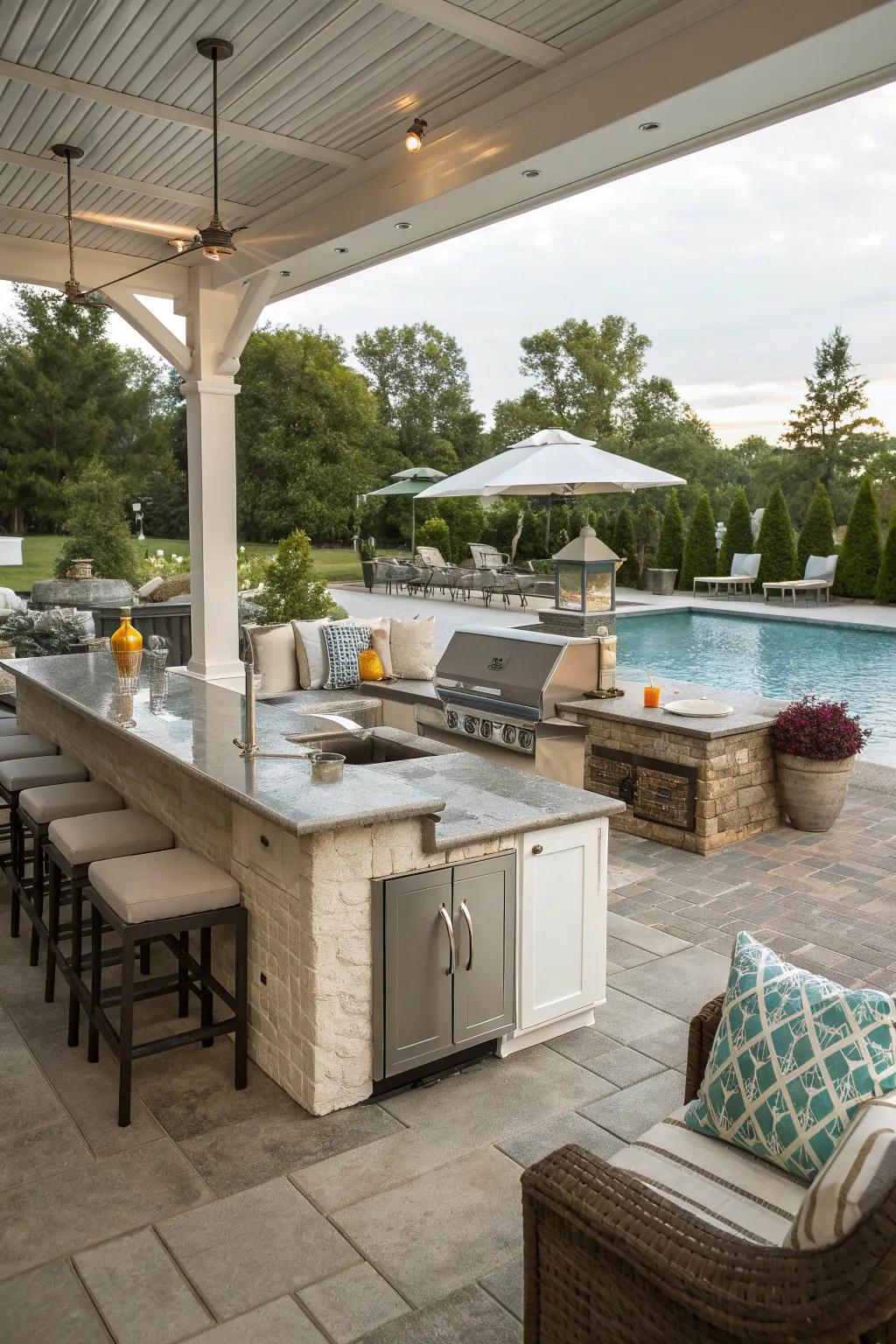 Outdoor kitchens make poolside entertaining a breeze.