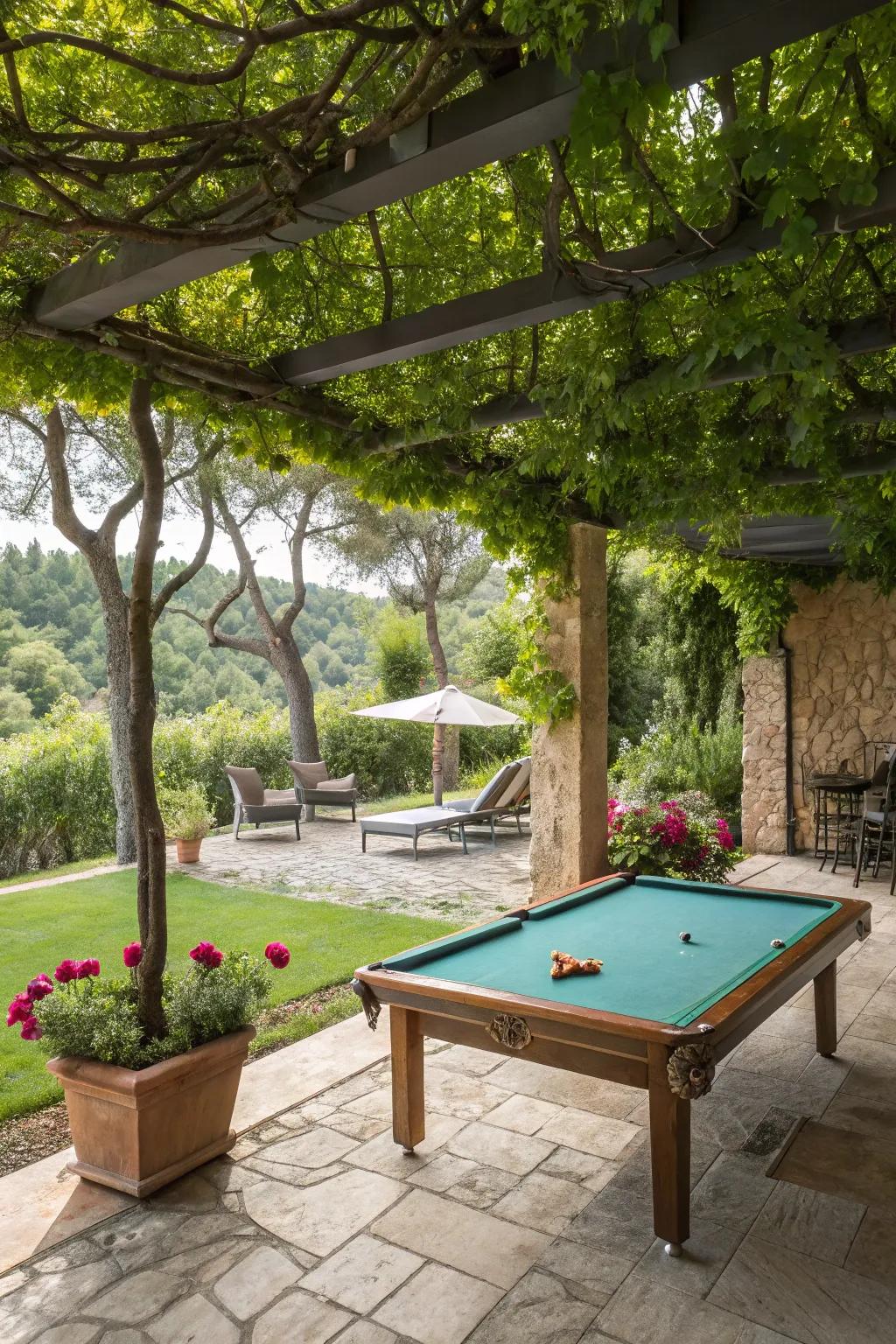 An outdoor pool table setup that blends seamlessly with nature.