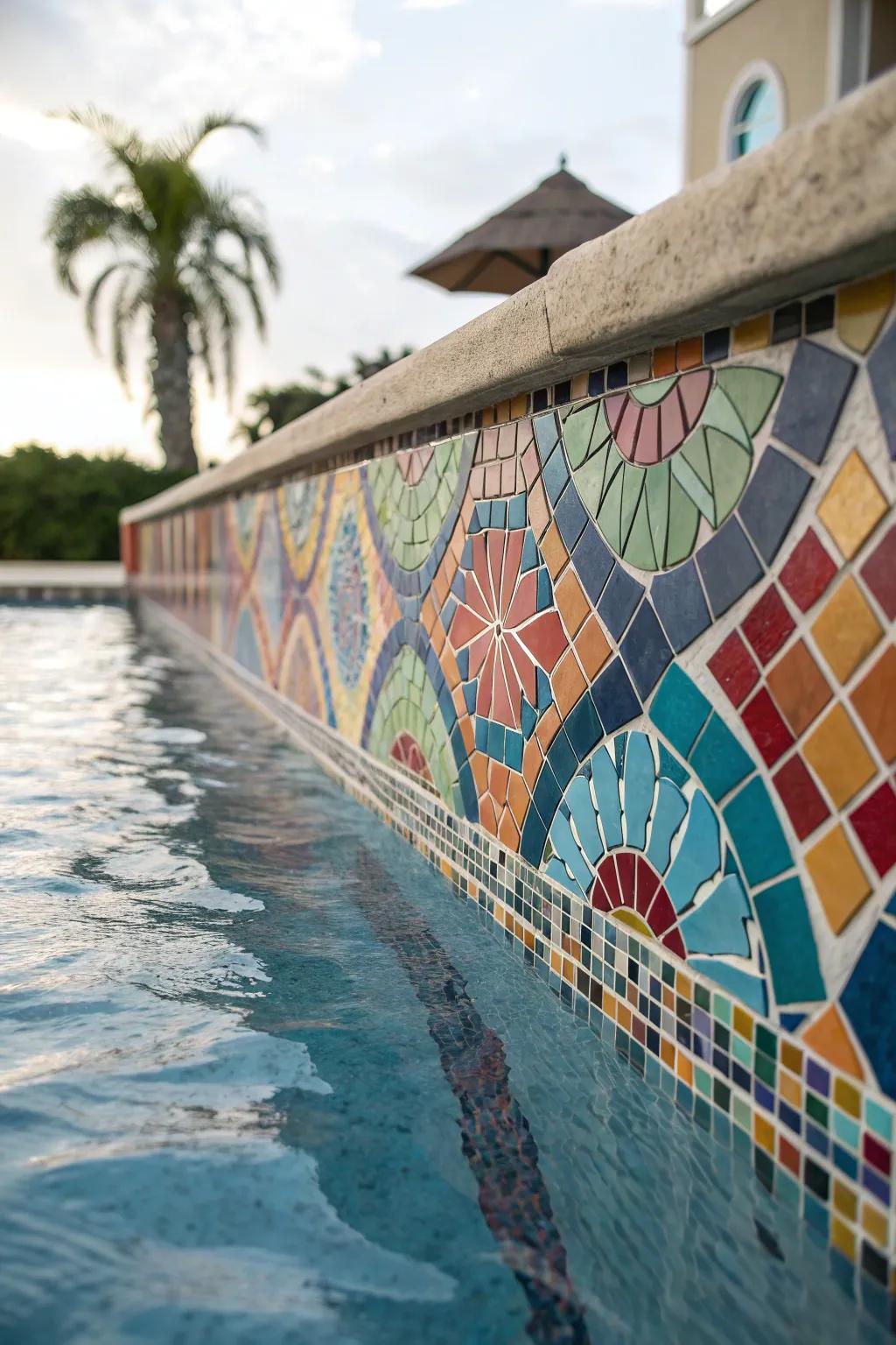 Mosaic tile art transforms pool walls into vibrant canvases.