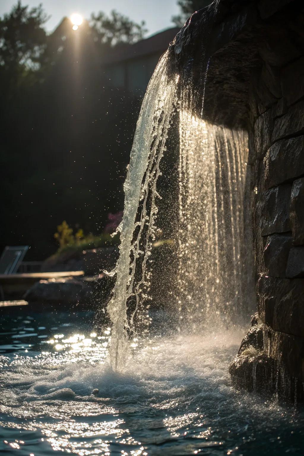Backlighting highlights the graceful flow of water.