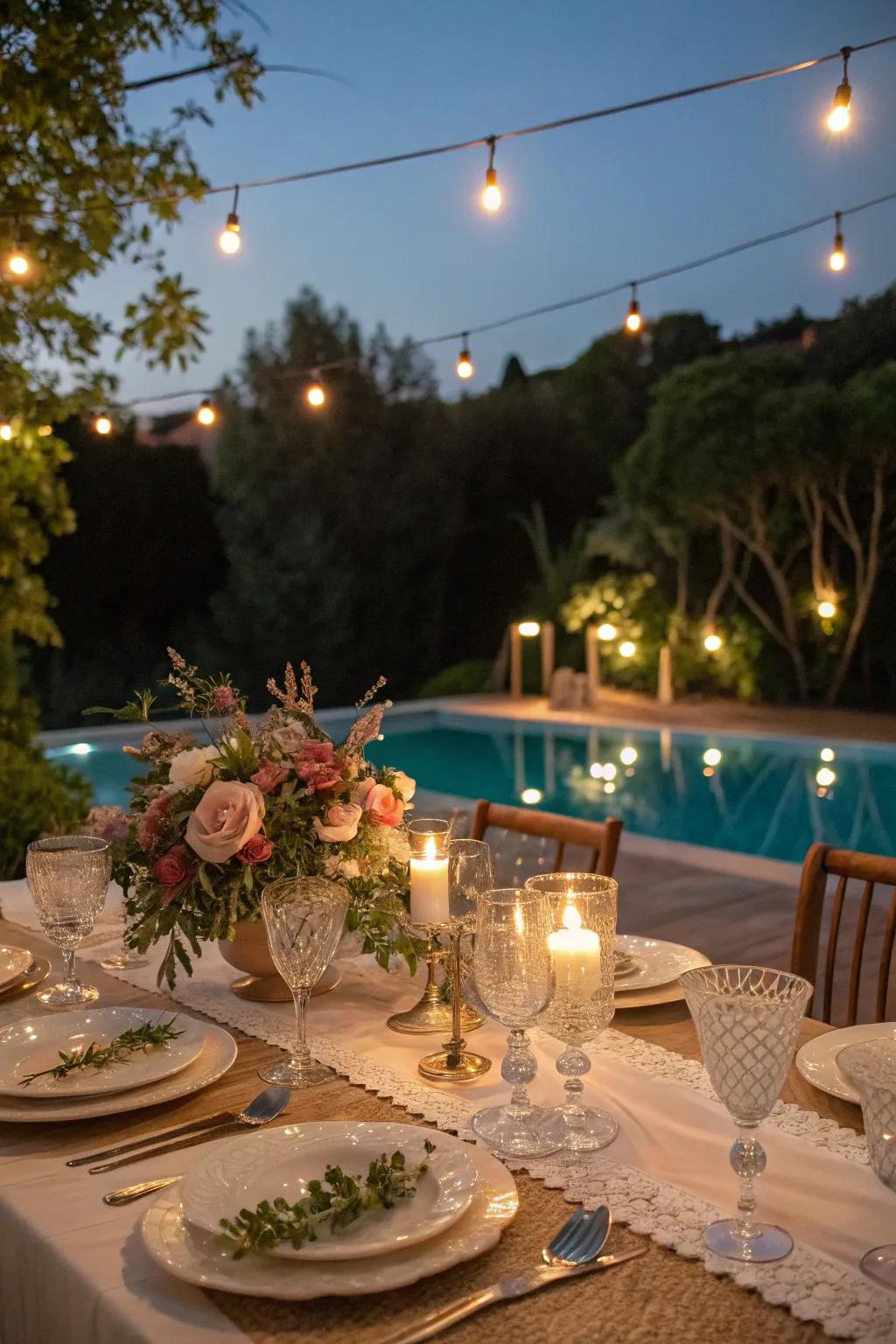 A dining nook by the pool is perfect for outdoor dining experiences.
