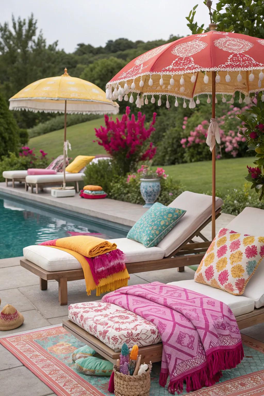 Textiles and accessories bring color and comfort to the poolside.
