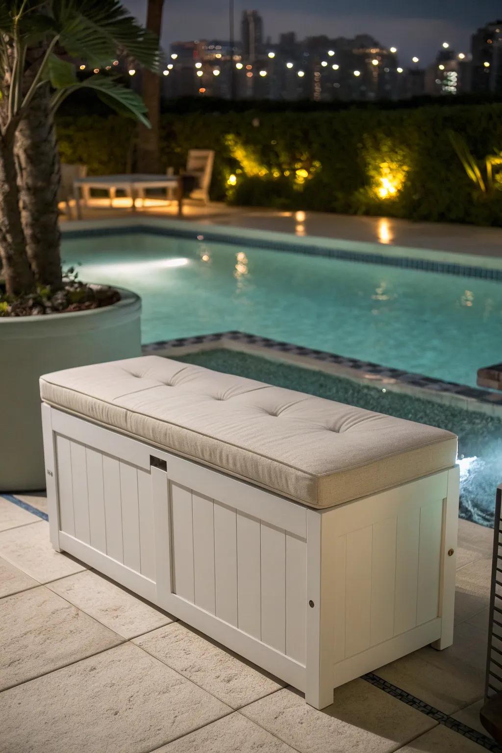 Hidden storage benches keep your poolside organized and stylish.